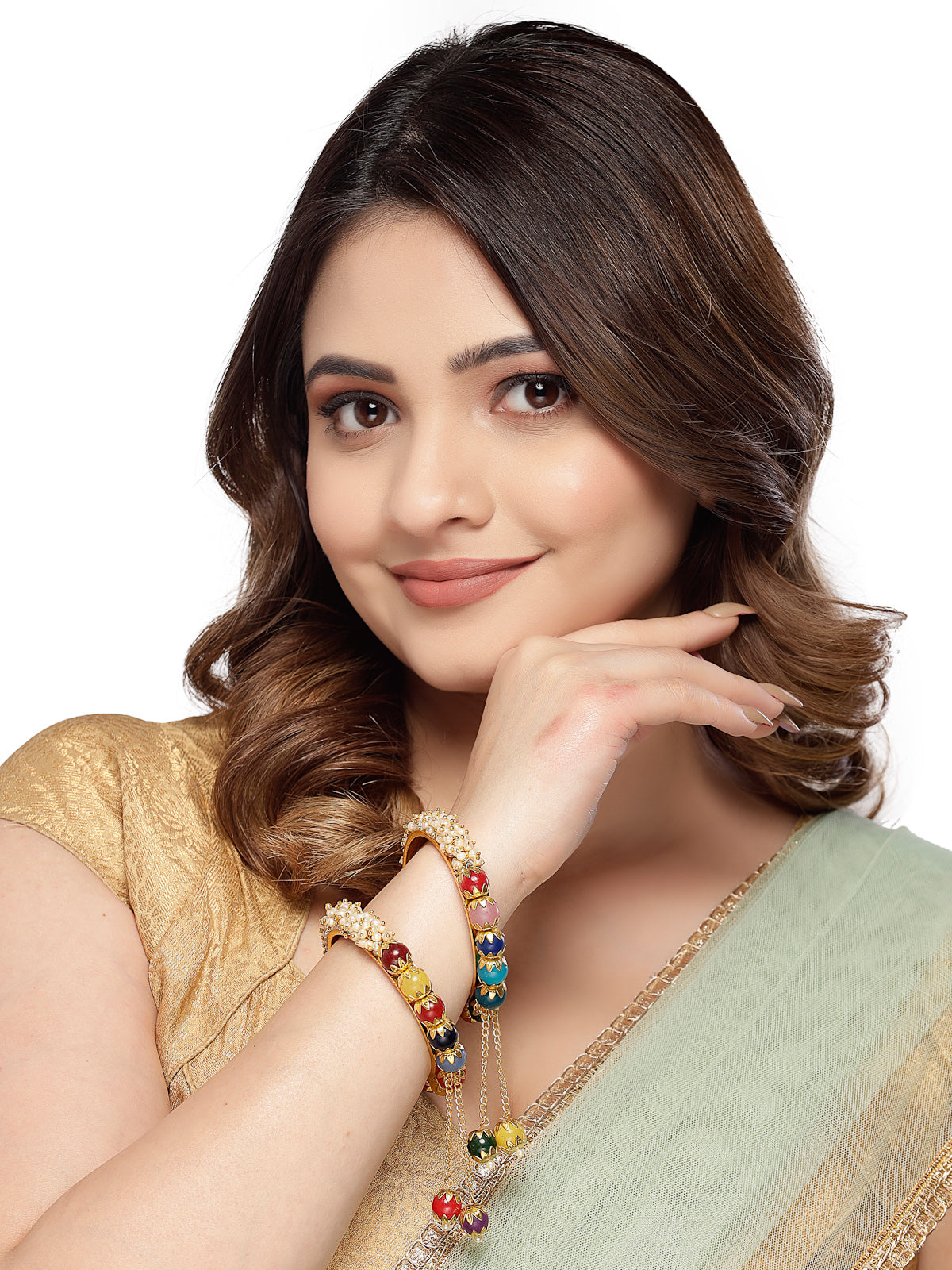 Sukkhi Pretty Multicolor Gold Tone Plated Hanging Beaded Bracelet Bangle Set Jewellery for Women & Girls|Set of 2 Latest Design|Birthday Anniversary Gift for Women|B105906