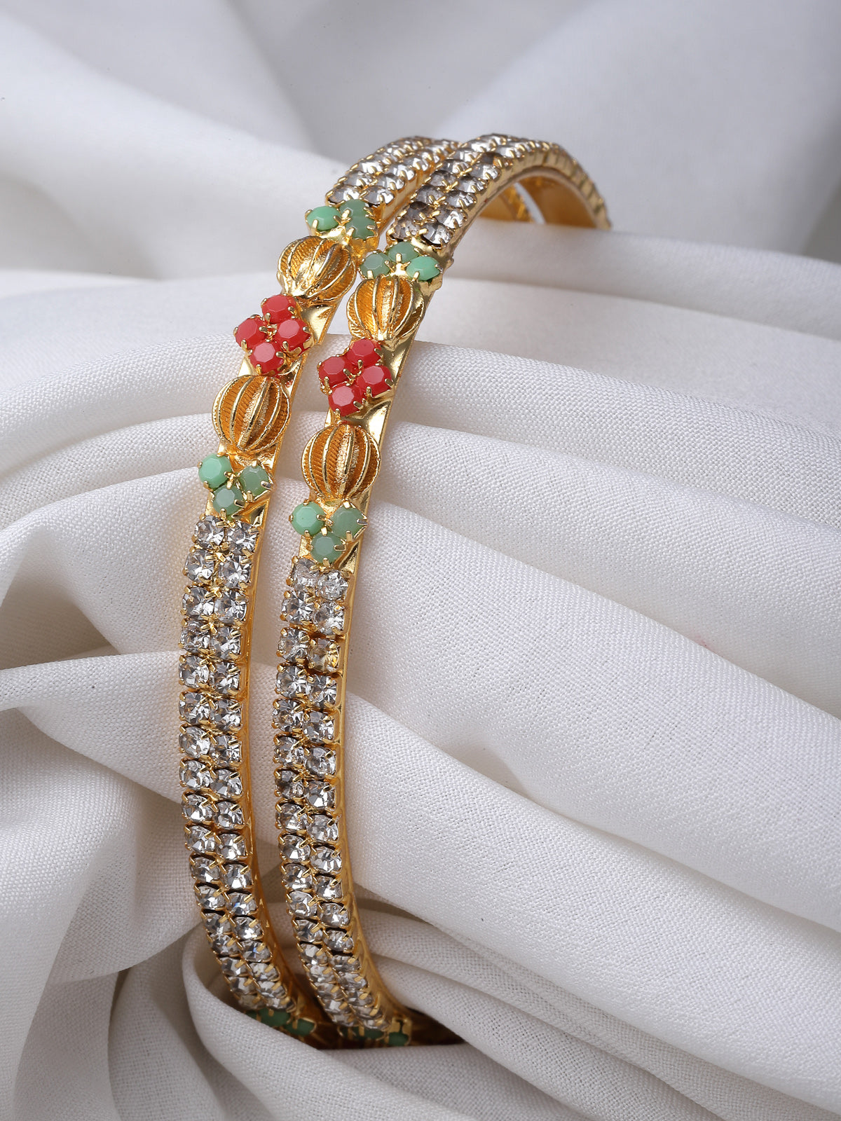Sukkhi Delicate Gold Plated Red And Green White AD Stones Thin Bracelet Bangle Set Jewellery for Women & Girls| Set of 2 Latest Design|Birthday Anniversary Gift for Women|B105908