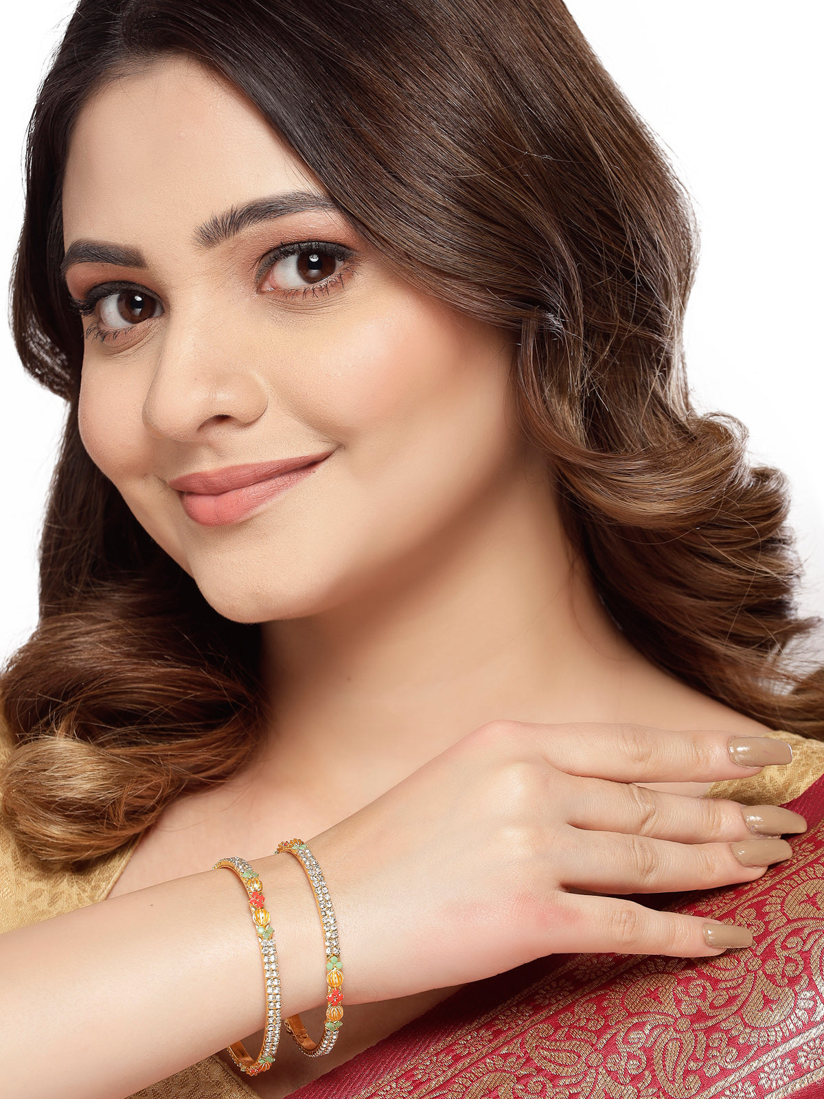 Sukkhi Delicate Gold Plated Red And Green White AD Stones Thin Bracelet Bangle Set Jewellery for Women & Girls| Set of 2 Latest Design|Birthday Anniversary Gift for Women|B105908
