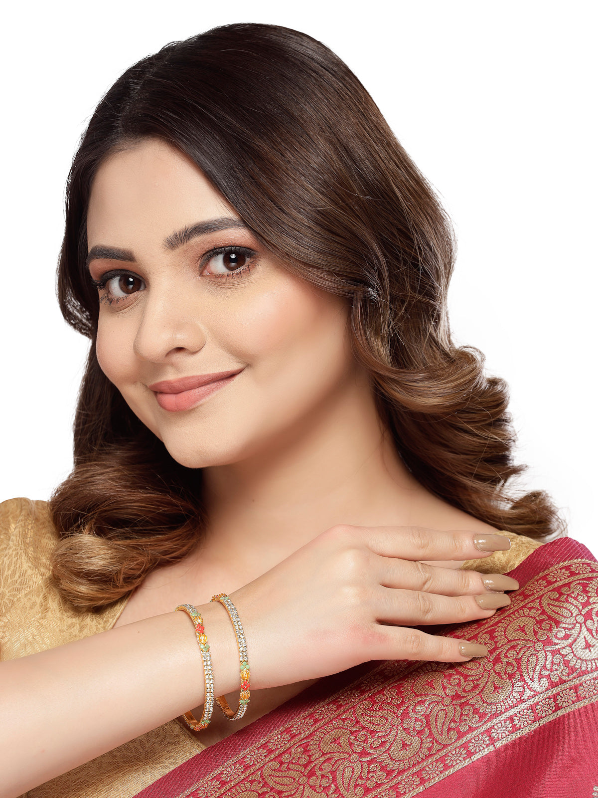 Sukkhi Delicate Gold Plated Red And Green White AD Stones Thin Bracelet Bangle Set Jewellery for Women & Girls| Set of 2 Latest Design|Birthday Anniversary Gift for Women|B105908
