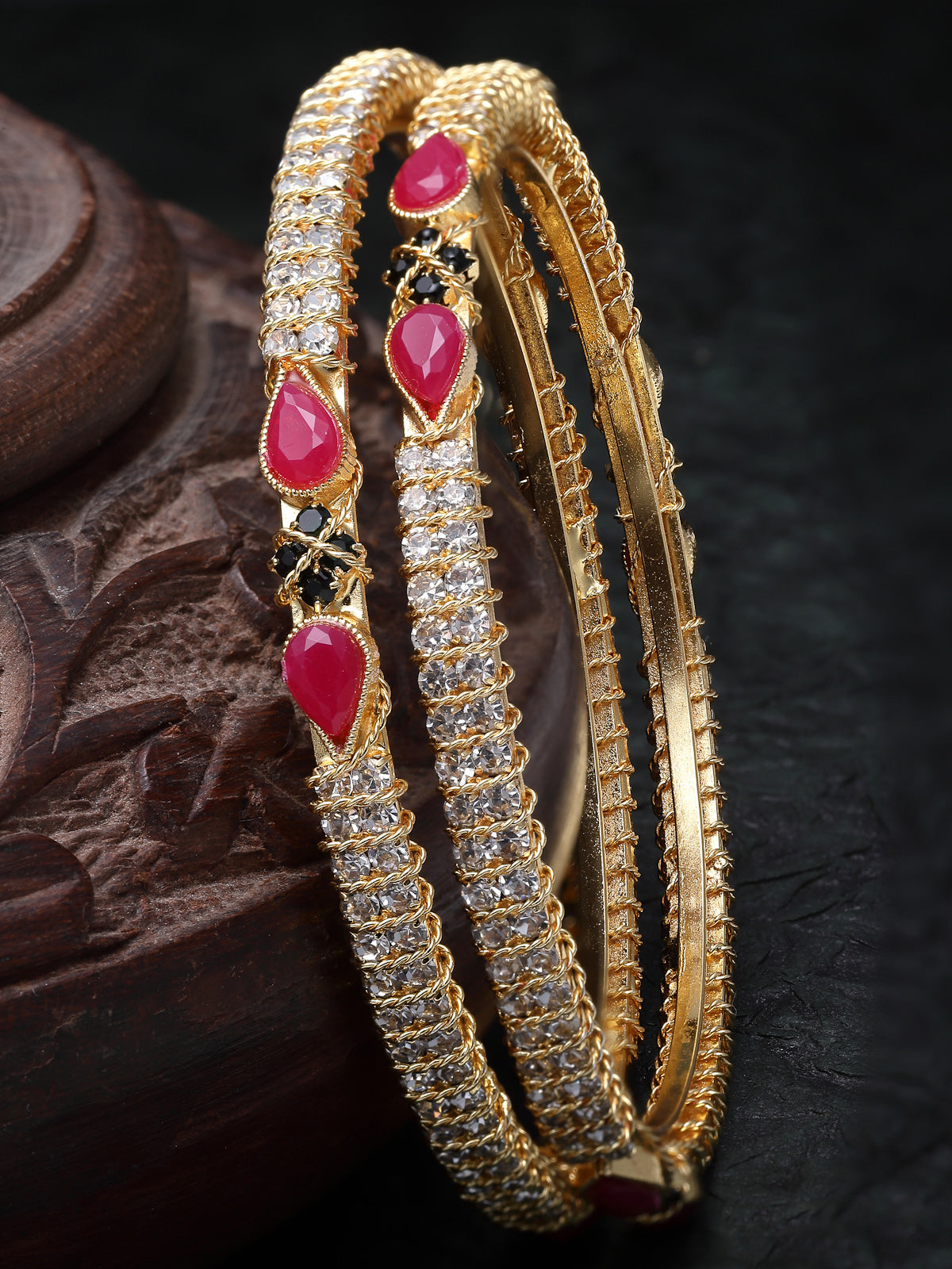 Sukkhi Sophisticated Gold Plated Red And Green Color White AD Stones Thin Bracelet Bangle Set Jewellery for Women & Girls|Set of 2 Latest Design|Birthday Anniversary Gift for Women|B105909