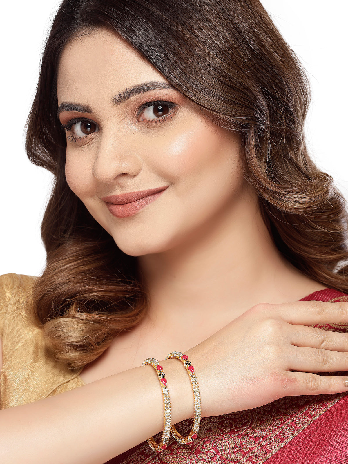 Sukkhi Sophisticated Gold Plated Red And Green Color White AD Stones Thin Bracelet Bangle Set Jewellery for Women & Girls|Set of 2 Latest Design|Birthday Anniversary Gift for Women|B105909
