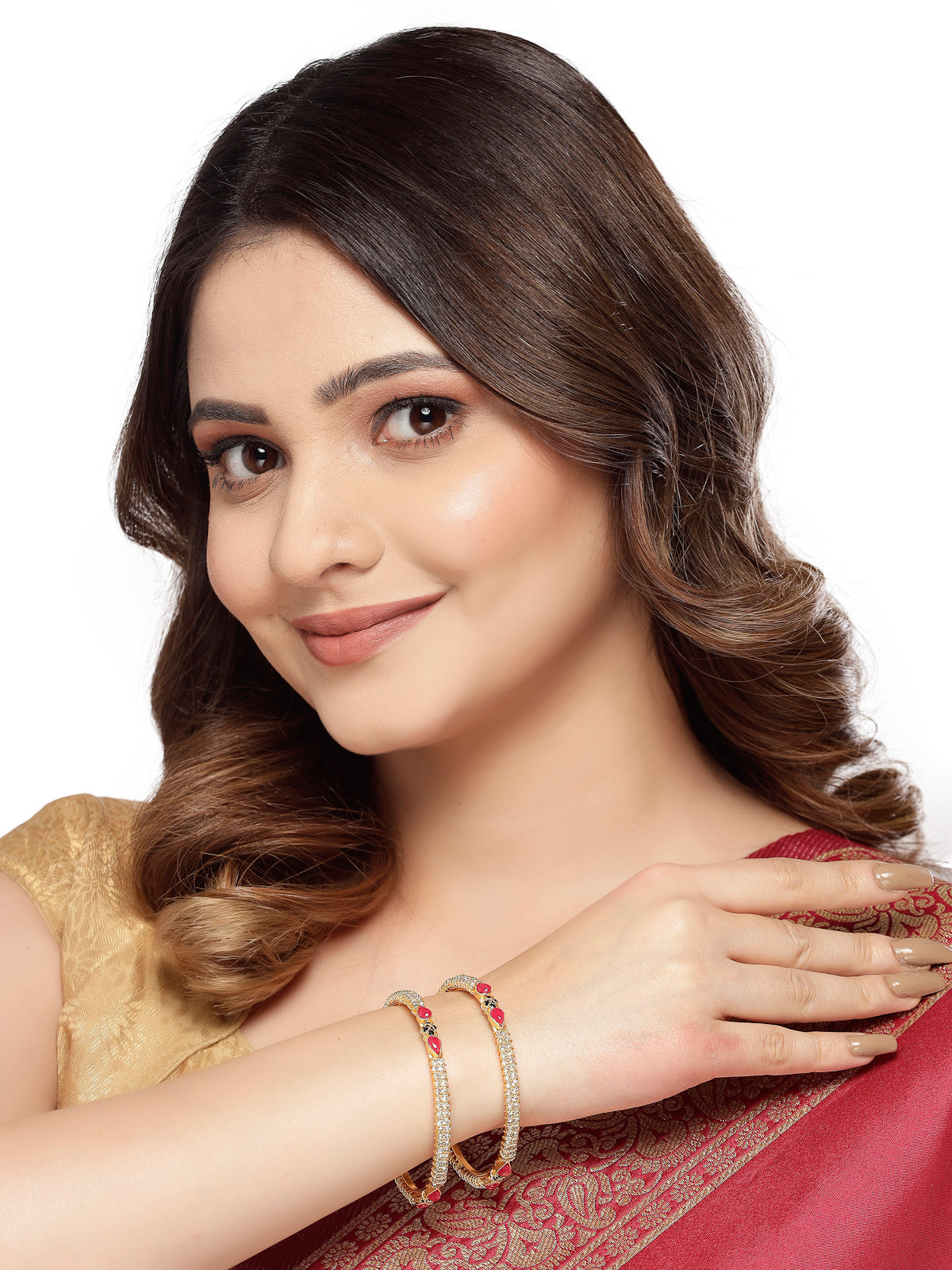 Sukkhi Sophisticated Gold Plated Red And Green Color White AD Stones Thin Bracelet Bangle Set Jewellery for Women & Girls|Set of 2 Latest Design|Birthday Anniversary Gift for Women|B105909