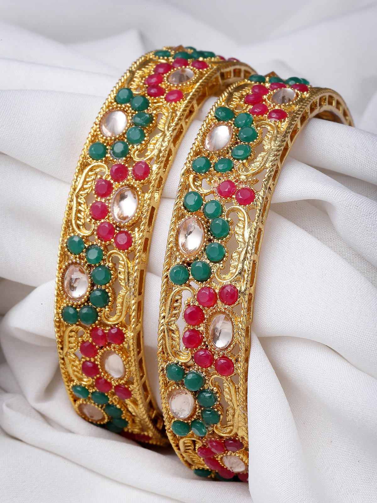 Sukkhi Lavish Traditional Gold Plated Red And Green White AD Stones Broad Bracelet Bangle Set Jewellery for Women & Girls|Set of 2 Latest Design|Birthday Anniversary Gift for Women|B105917