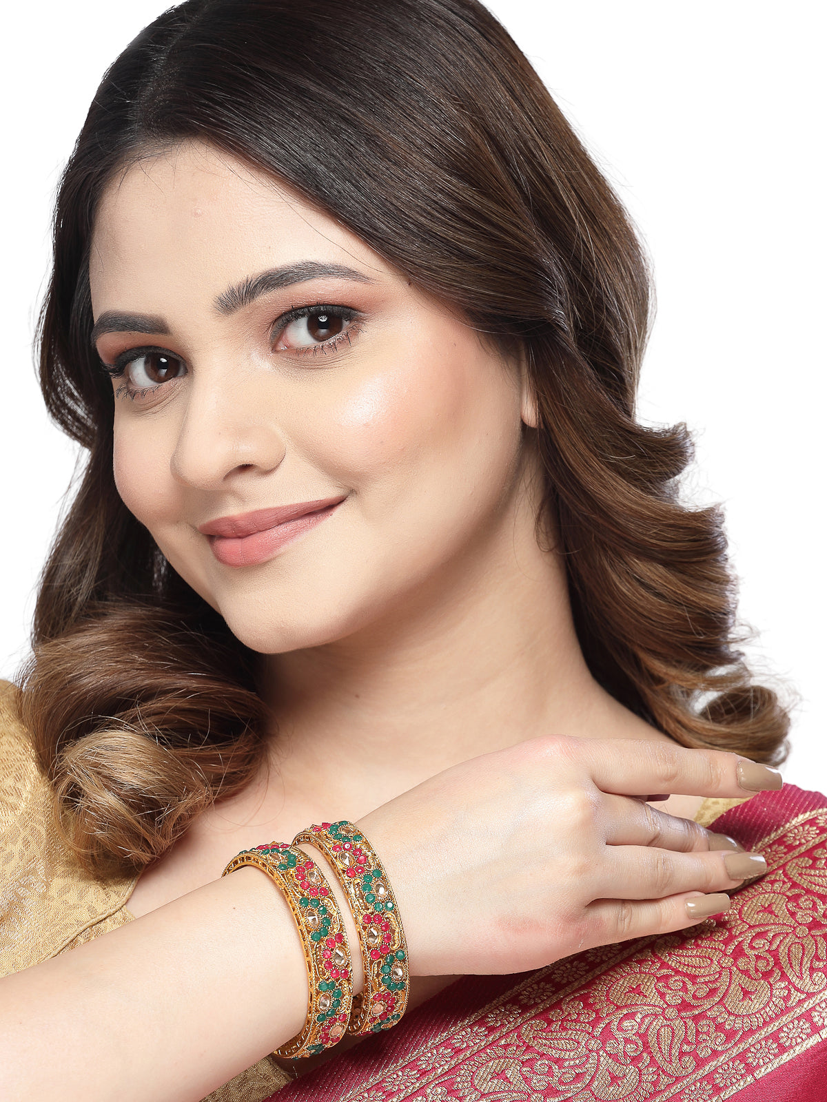 Sukkhi Lavish Traditional Gold Plated Red And Green White AD Stones Broad Bracelet Bangle Set Jewellery for Women & Girls|Set of 2 Latest Design|Birthday Anniversary Gift for Women|B105917