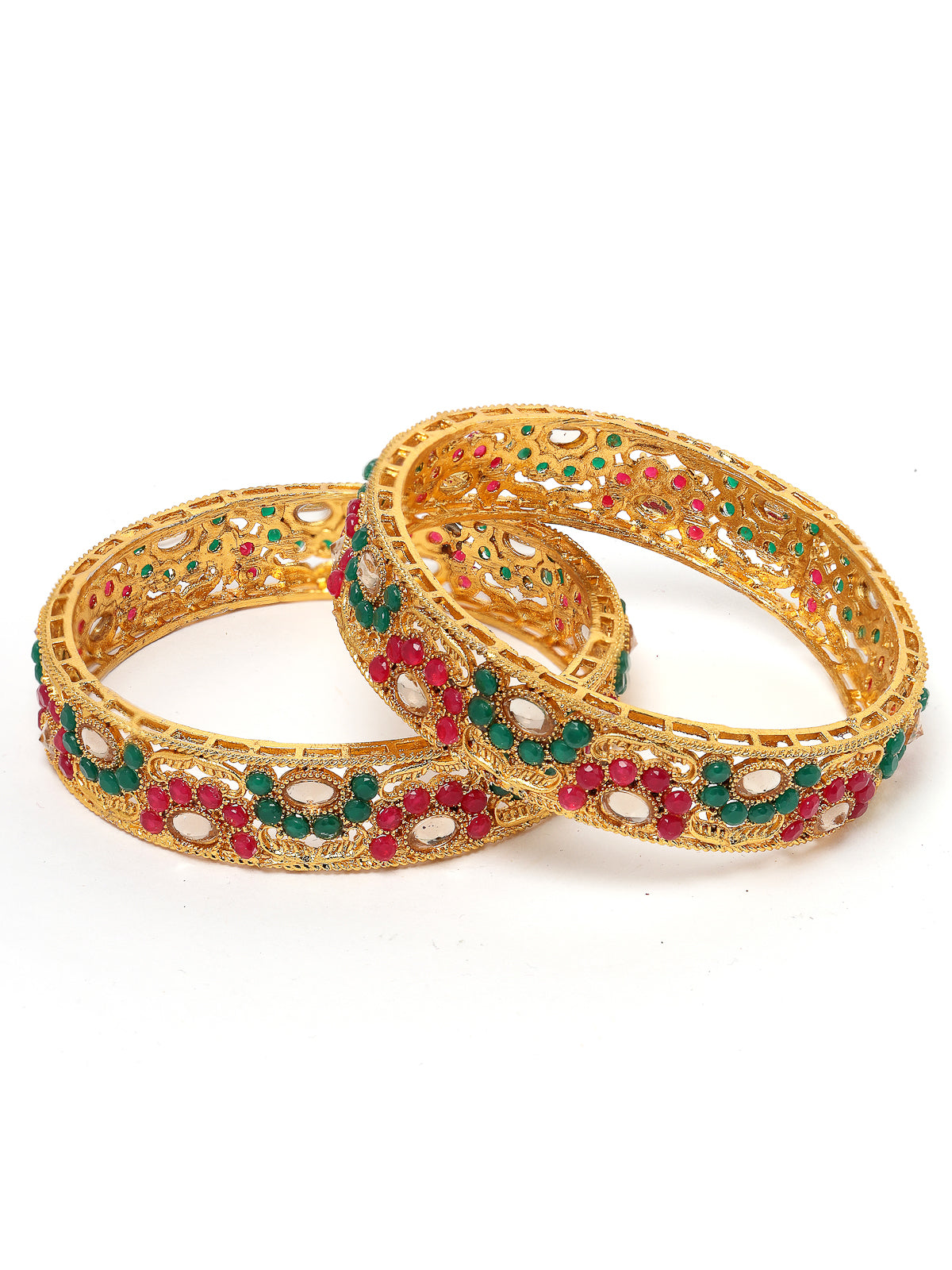 Sukkhi Lavish Traditional Gold Plated Red And Green White AD Stones Broad Bracelet Bangle Set Jewellery for Women & Girls|Set of 2 Latest Design|Birthday Anniversary Gift for Women|B105917