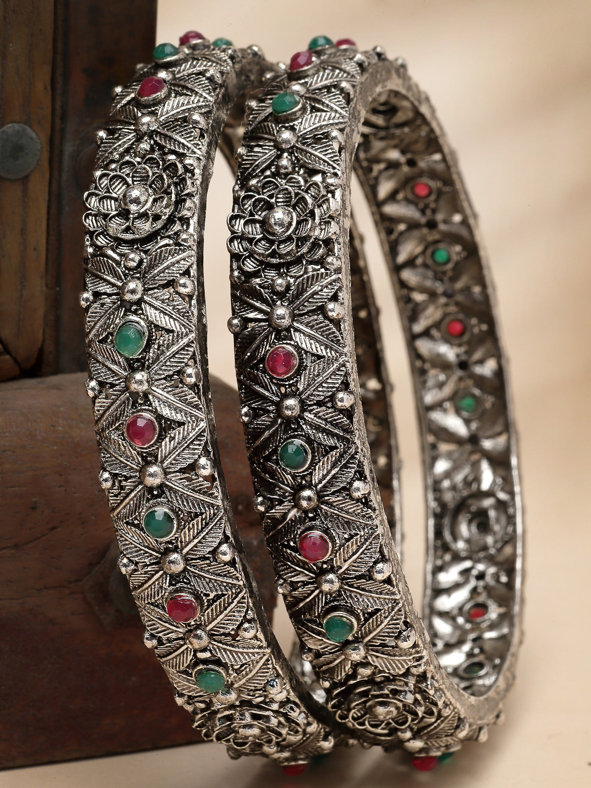 Sukkhi Ethnic Floral Design Silver Oxidised Rhodium Plated Red And Green Bracelet Bangle Set Jewellery for Women & Girls|Set of 2 Latest Design|Birthday Anniversary Gift for Women|B105924