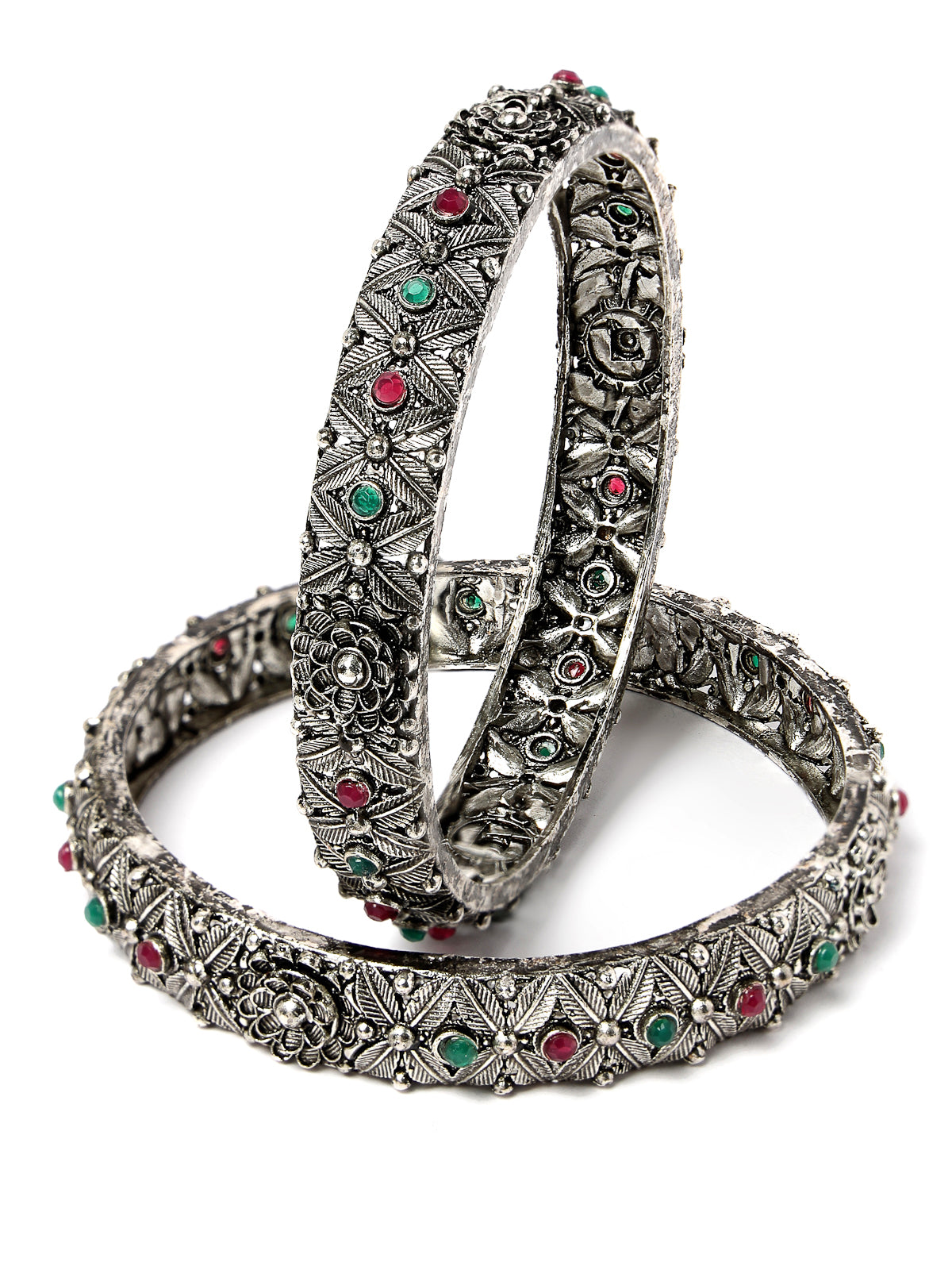 Sukkhi Ethnic Floral Design Silver Oxidised Rhodium Plated Red And Green Bracelet Bangle Set Jewellery for Women & Girls|Set of 2 Latest Design|Birthday Anniversary Gift for Women|B105924