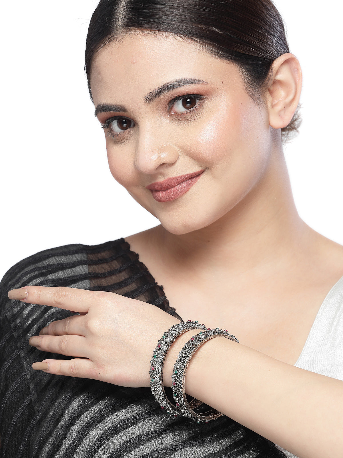 Sukkhi Ethnic Floral Design Silver Oxidised Rhodium Plated Red And Green Bracelet Bangle Set Jewellery for Women & Girls|Set of 2 Latest Design|Birthday Anniversary Gift for Women|B105924