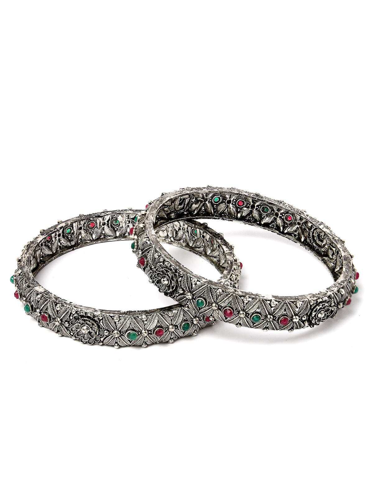 Sukkhi Ethnic Floral Design Silver Oxidised Rhodium Plated Red And Green Bracelet Bangle Set Jewellery for Women & Girls|Set of 2 Latest Design|Birthday Anniversary Gift for Women|B105924