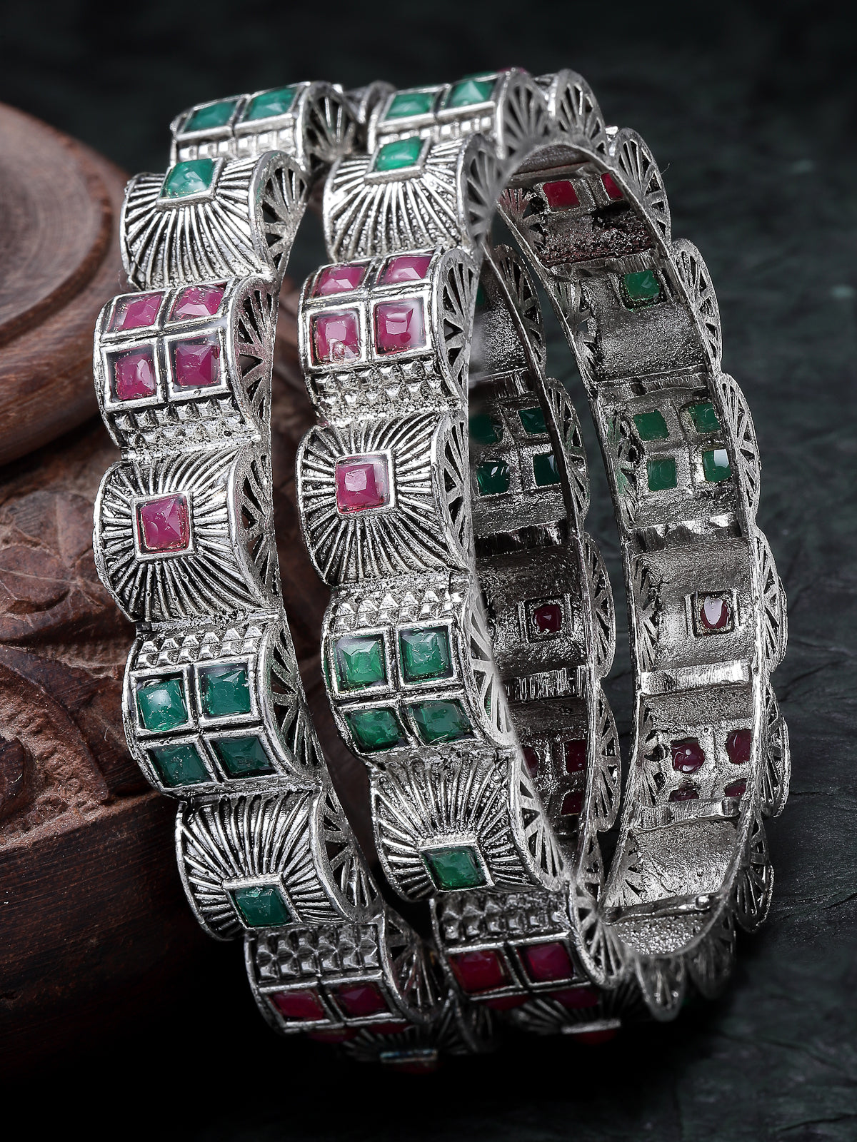 Sukkhi Detailed Curved Silver Oxidised Rhodium Plated Red And Green Broad Bracelet Bangle Set Jewellery for Women & Girls|Set of 2 Latest Design|Birthday Anniversary Gift for Women|Size 2.4|B105926