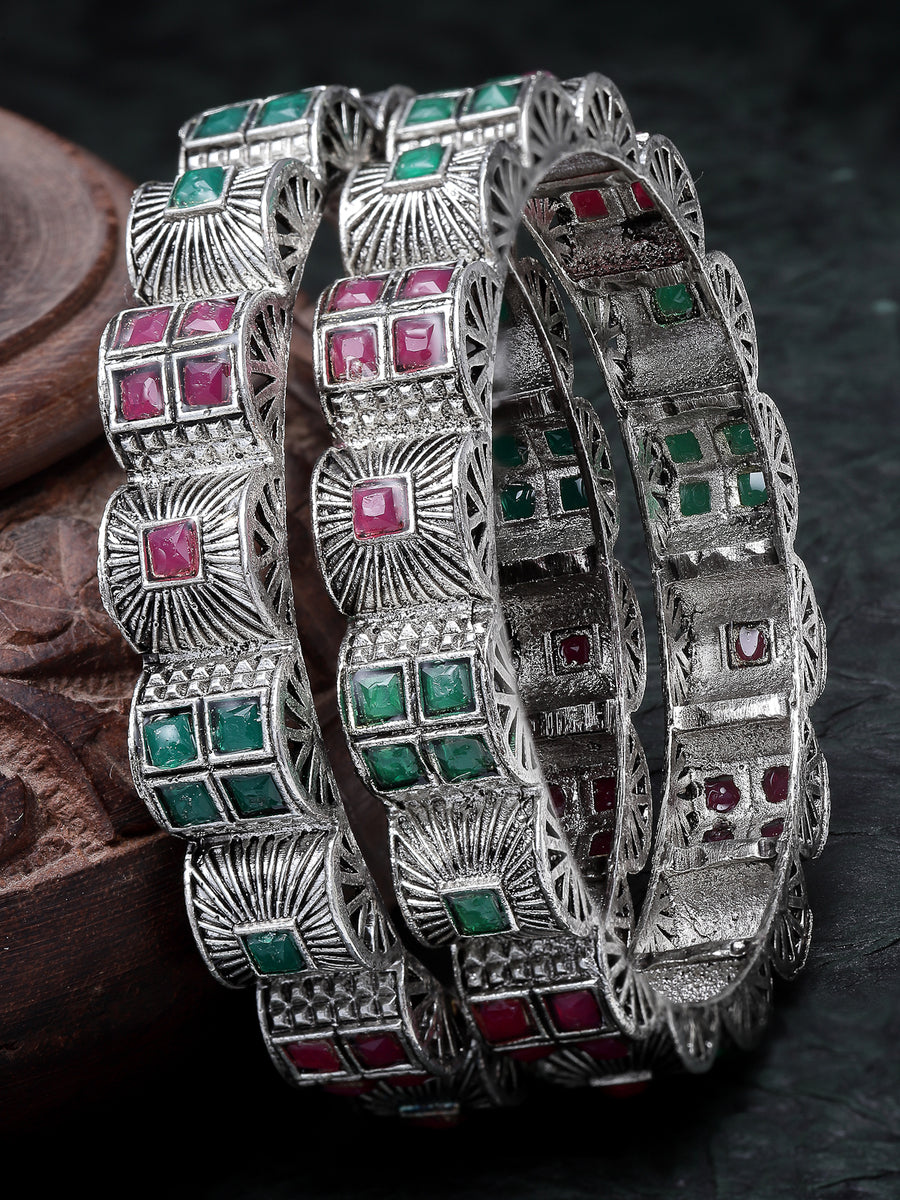 Sukkhi Detailed Curved Silver Oxidised Rhodium Plated Red And Green Broad Bracelet Bangle Set Jewellery for Women & Girls|Set of 2 Latest Design|Birthday Anniversary Gift for Women|Size 2.8|B105926