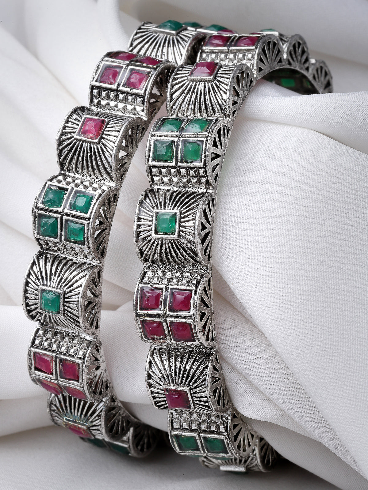 Sukkhi Detailed Curved Silver Oxidised Rhodium Plated Red And Green Broad Bracelet Bangle Set Jewellery for Women & Girls|Set of 2 Latest Design|Birthday Anniversary Gift for Women|B105926