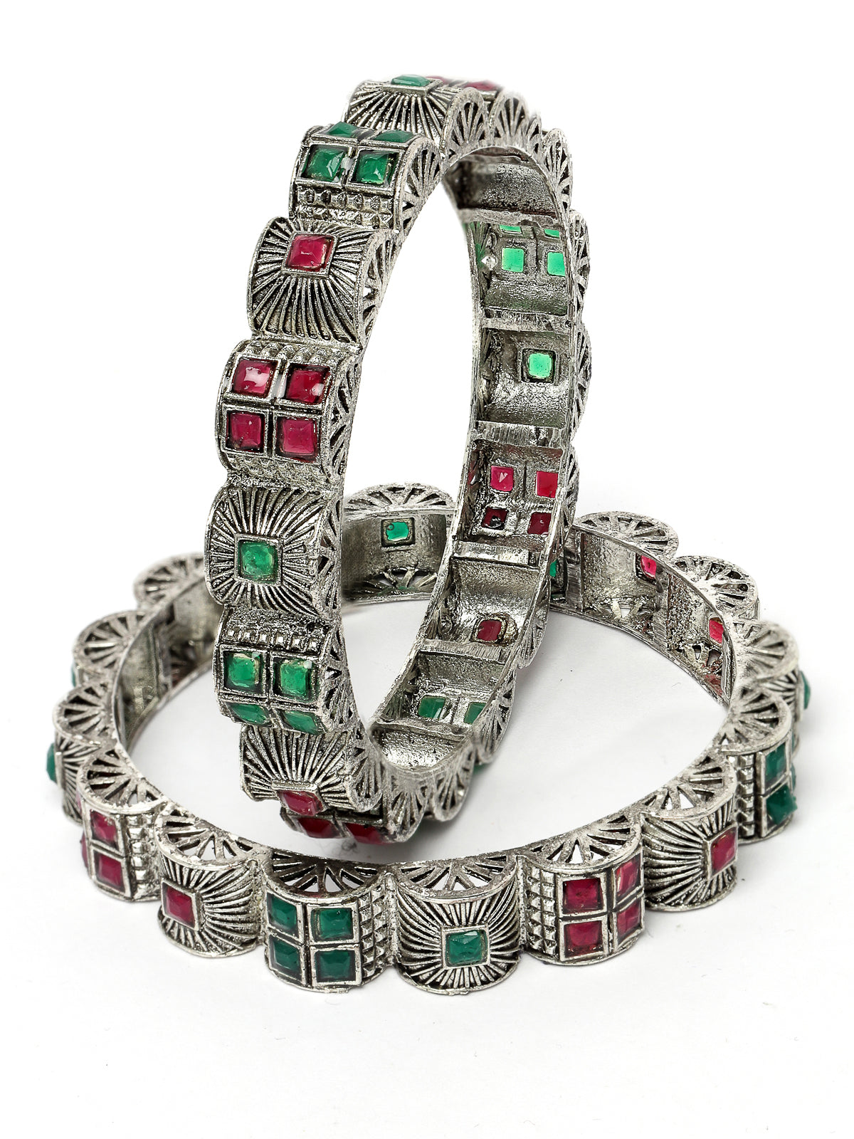 Sukkhi Detailed Curved Silver Oxidised Rhodium Plated Red And Green Broad Bracelet Bangle Set Jewellery for Women & Girls|Set of 2 Latest Design|Birthday Anniversary Gift for Women|B105926