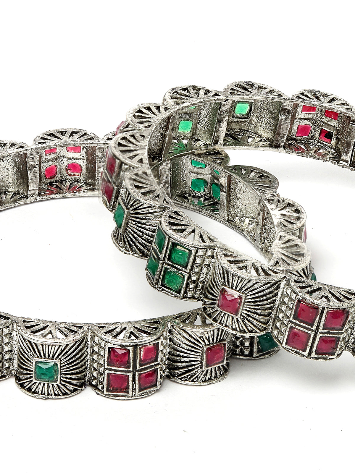 Sukkhi Detailed Curved Silver Oxidised Rhodium Plated Red And Green Broad Bracelet Bangle Set Jewellery for Women & Girls|Set of 2 Latest Design|Birthday Anniversary Gift for Women|B105926