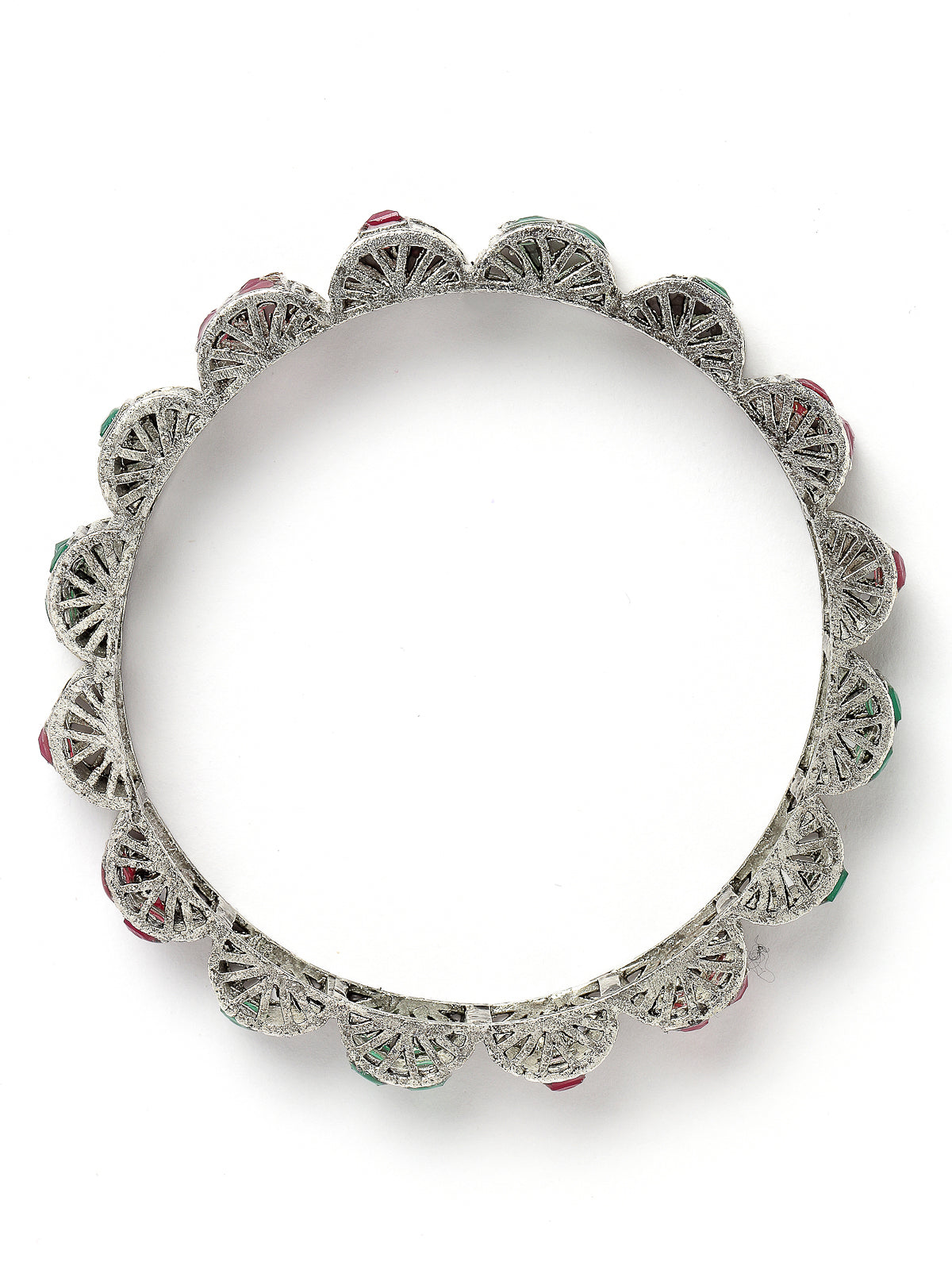 Sukkhi Detailed Curved Silver Oxidised Rhodium Plated Red And Green Broad Bracelet Bangle Set Jewellery for Women & Girls|Set of 2 Latest Design|Birthday Anniversary Gift for Women|B105926