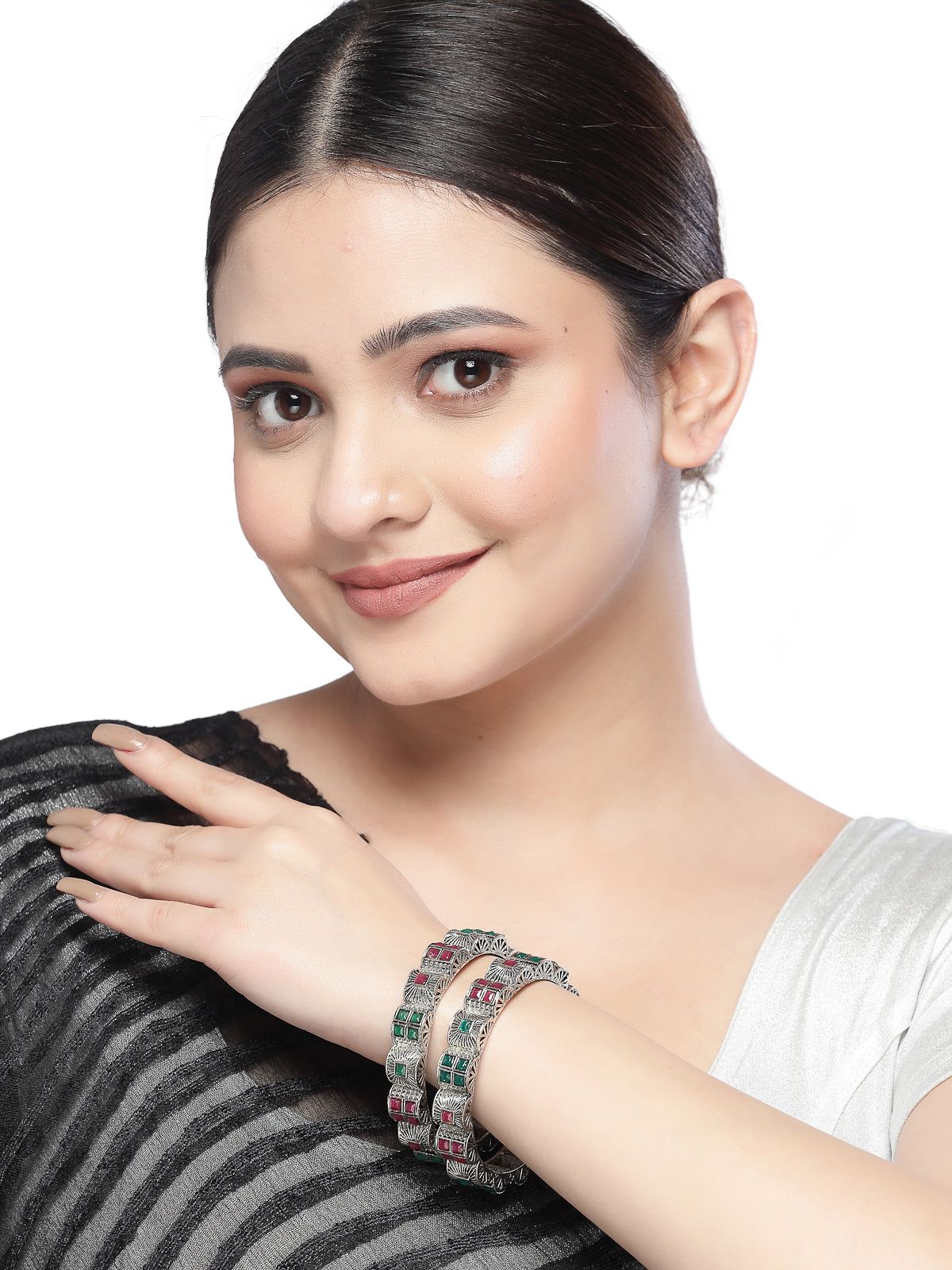 Sukkhi Detailed Curved Silver Oxidised Rhodium Plated Red And Green Broad Bracelet Bangle Set Jewellery for Women & Girls|Set of 2 Latest Design|Birthday Anniversary Gift for Women|B105926
