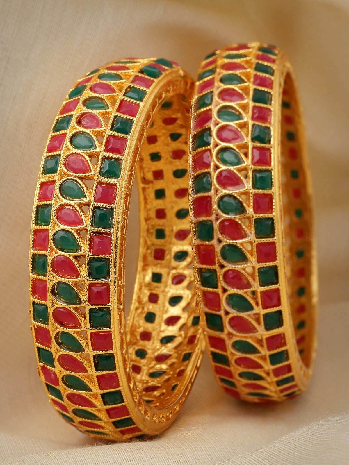 Sukkhi Unique Traditional Kada Style Gold Plated Red And Green Broad Bracelet Bangle Set Jewellery for Women & Girls|Set of 2 Latest Design|Birthday Anniversary Gift for Women|B105928