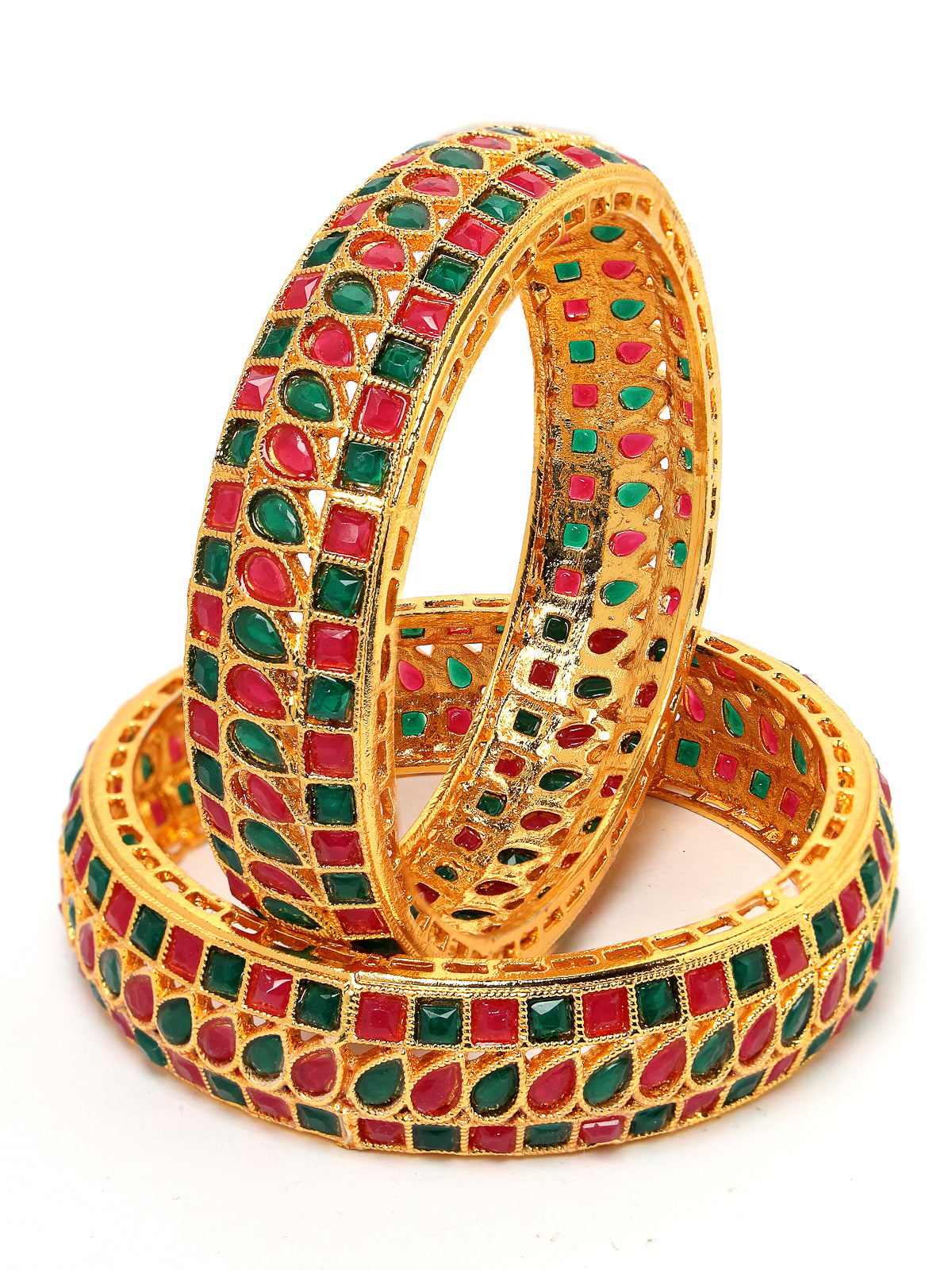 Sukkhi Unique Traditional Kada Style Gold Plated Red And Green Broad Bracelet Bangle Set Jewellery for Women & Girls|Set of 2 Latest Design|Birthday Anniversary Gift for Women|B105928