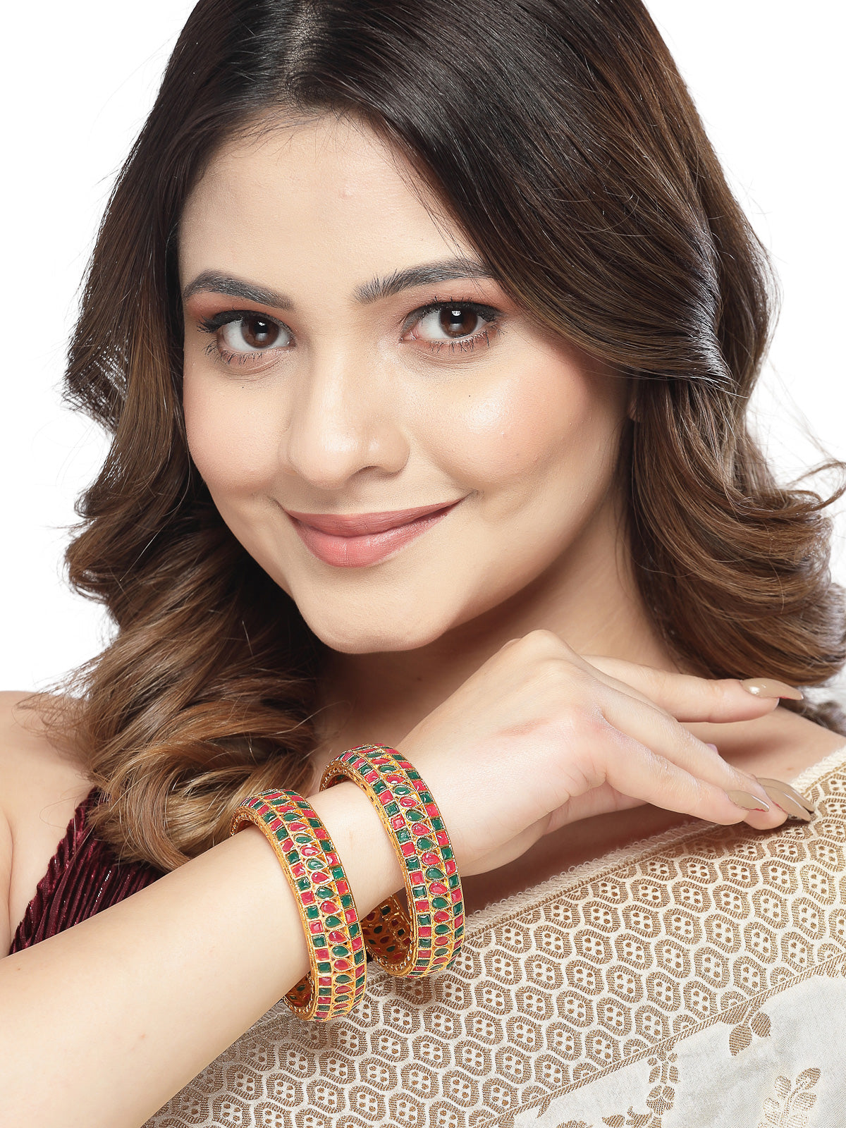 Sukkhi Unique Traditional Kada Style Gold Plated Red And Green Broad Bracelet Bangle Set Jewellery for Women & Girls|Set of 2 Latest Design|Birthday Anniversary Gift for Women|B105928