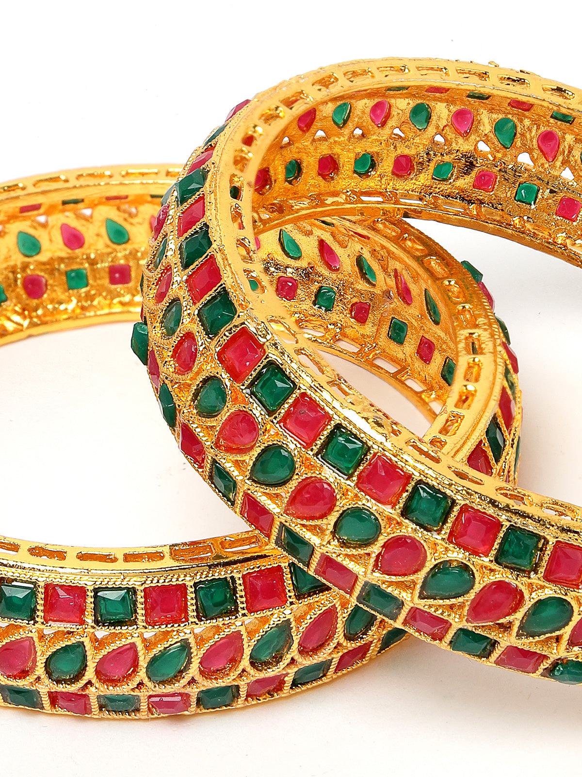 Sukkhi Unique Traditional Kada Style Gold Plated Red And Green Broad Bracelet Bangle Set Jewellery for Women & Girls|Set of 2 Latest Design|Birthday Anniversary Gift for Women|B105928