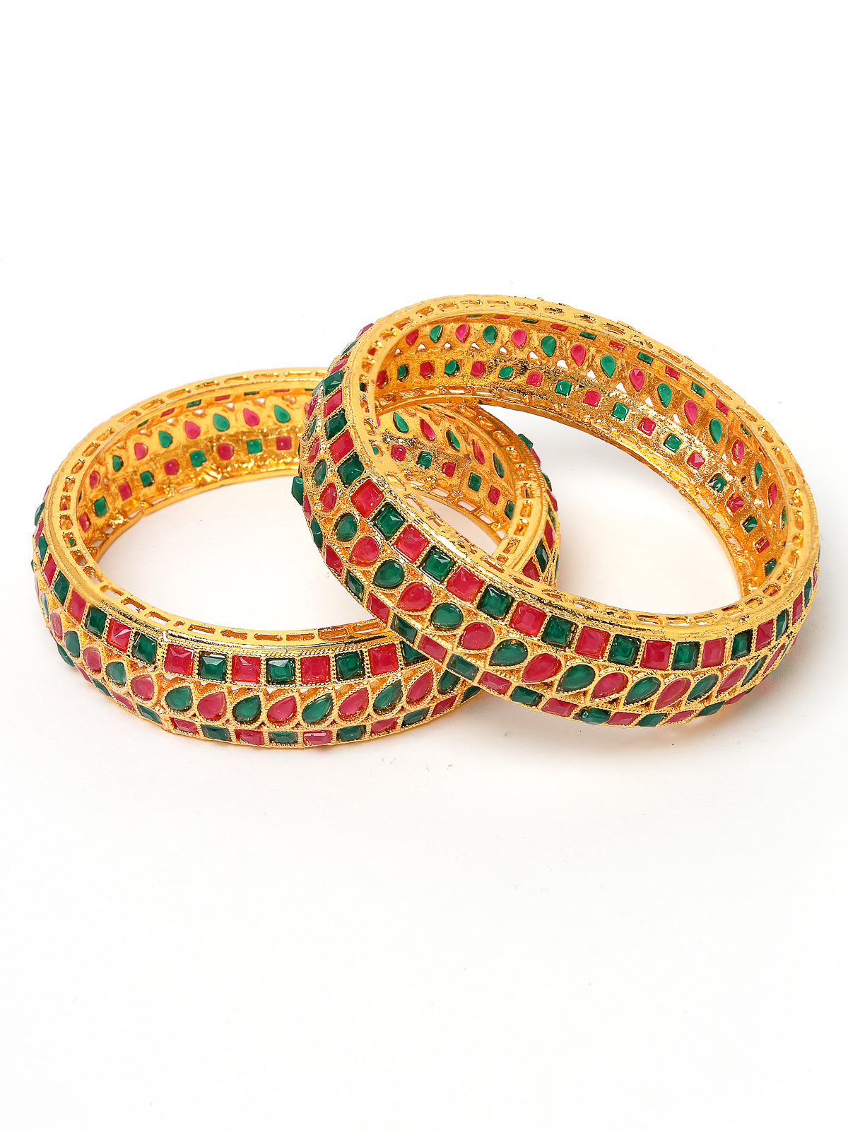 Sukkhi Unique Traditional Kada Style Gold Plated Red And Green Broad Bracelet Bangle Set Jewellery for Women & Girls|Set of 2 Latest Design|Birthday Anniversary Gift for Women|B105928