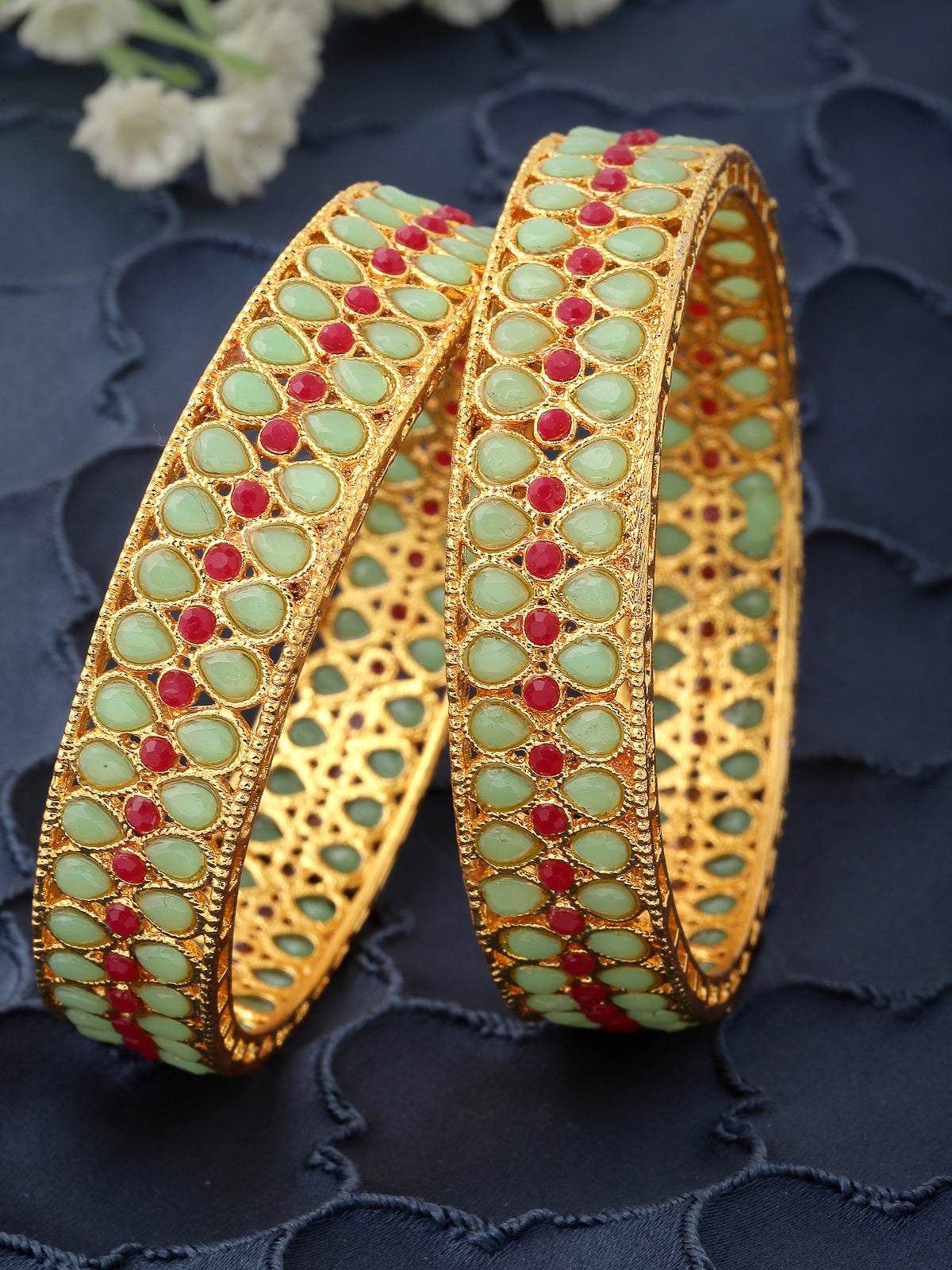 Sukkhi Iconic Ethnic Gold Plated Red And Green Broad Bracelet Bangle Set Jewellery for Women & Girls|Set of 2 Latest Design|Birthday Anniversary Gift for Women|B105929