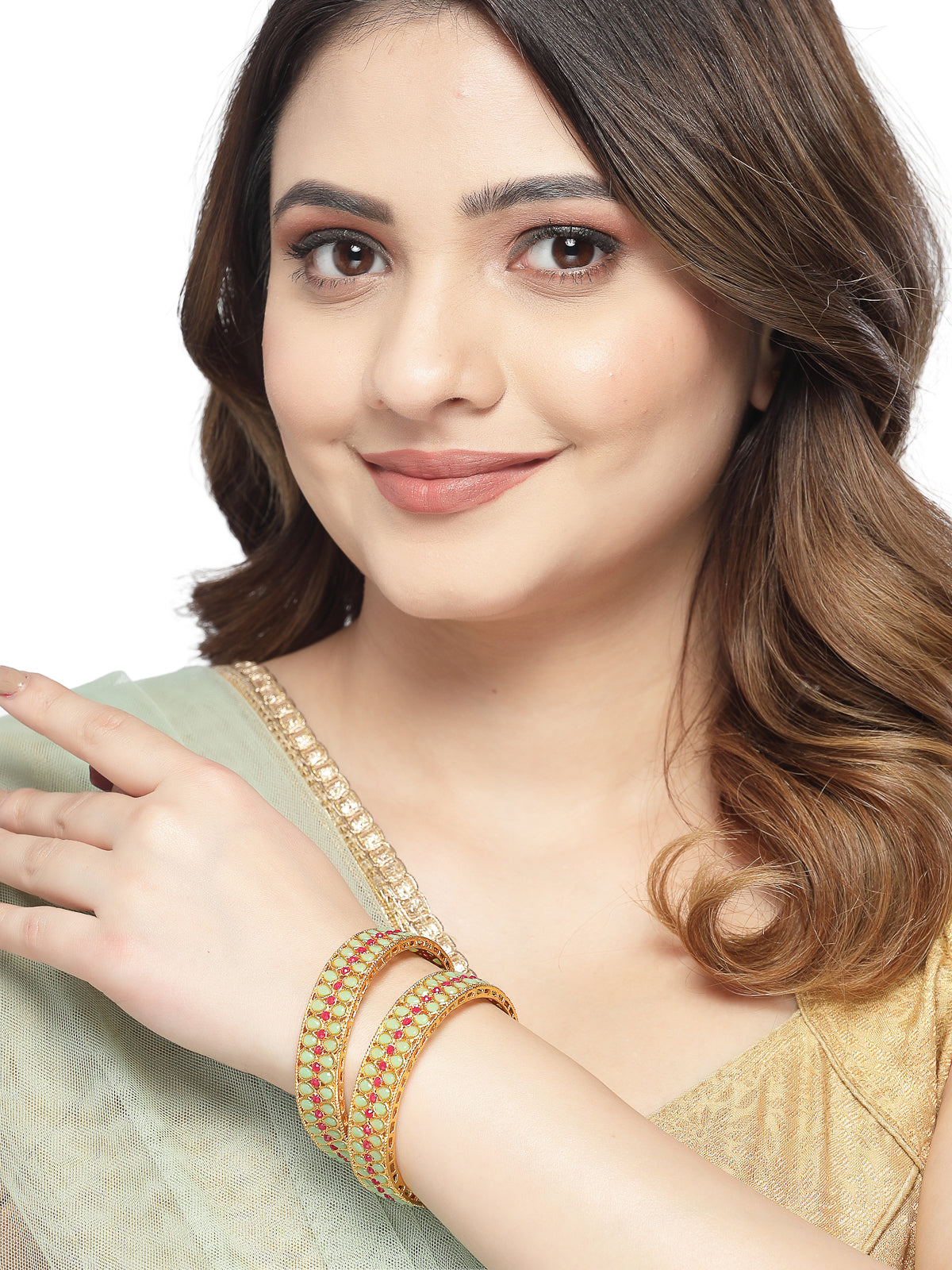 Sukkhi Iconic Ethnic Gold Plated Red And Green Broad Bracelet Bangle Set Jewellery for Women & Girls|Set of 2 Latest Design|Birthday Anniversary Gift for Women|B105929