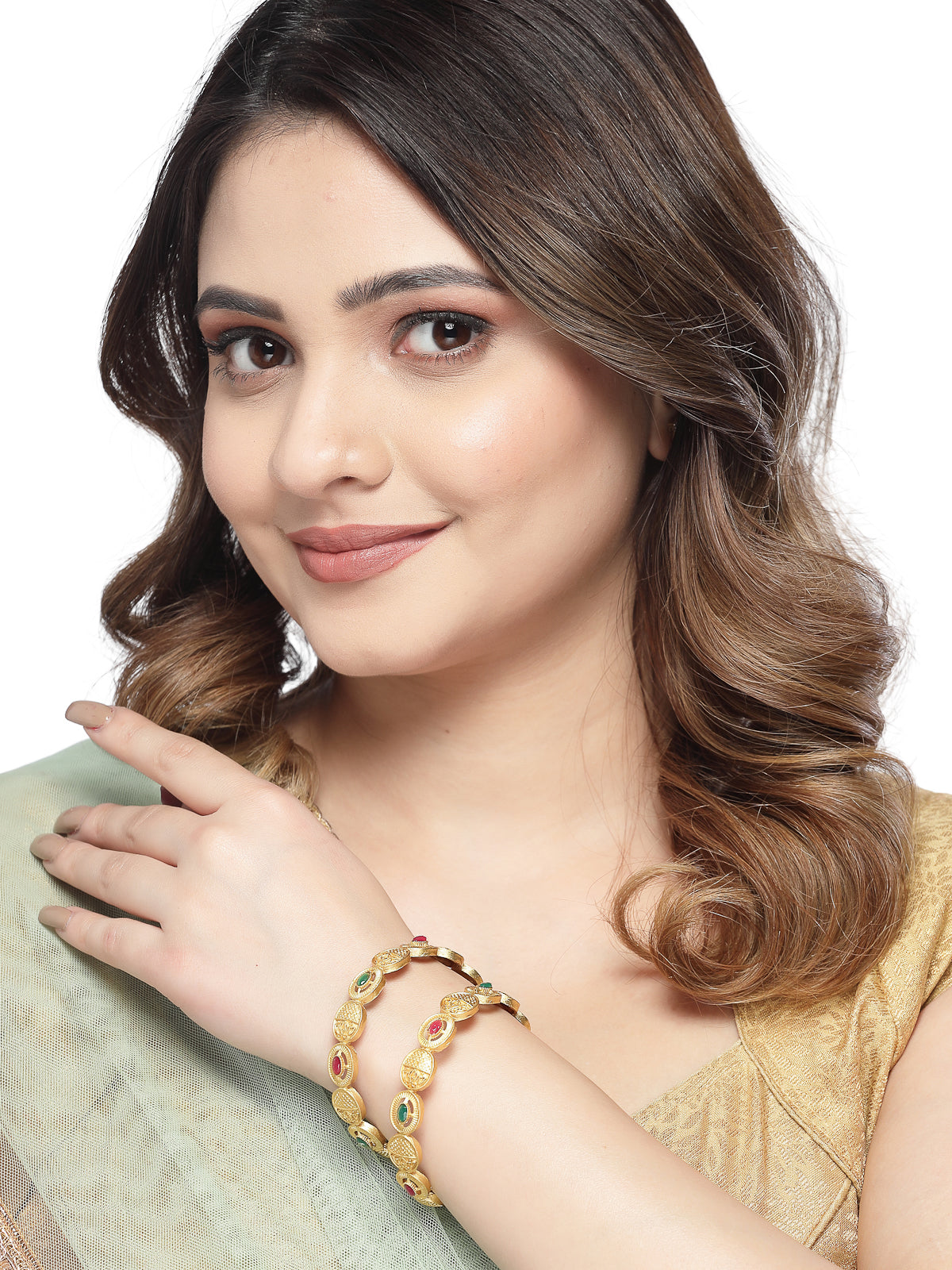 Sukkhi Impressive Round Shaped Gold Plated Red White AD Stones Bracelet Bangle Set Jewellery for Women & Girls|Set of 2 Latest Design|Birthday Anniversary Gift for Women|B105930