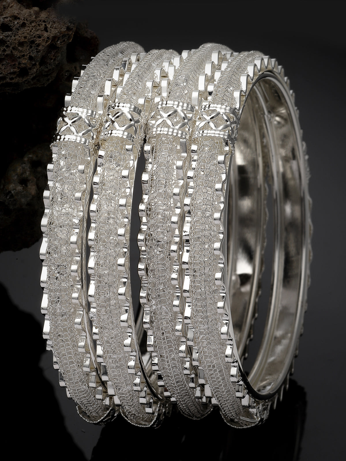 Sukkhi Vintage Silver Oxidised Rhodium Plated White Crystals Stones Bracelet Bangle Set Jewellery for Women & Girls|Set of 4 Latest Design|Birthday Anniversary Gift for Women|B105938