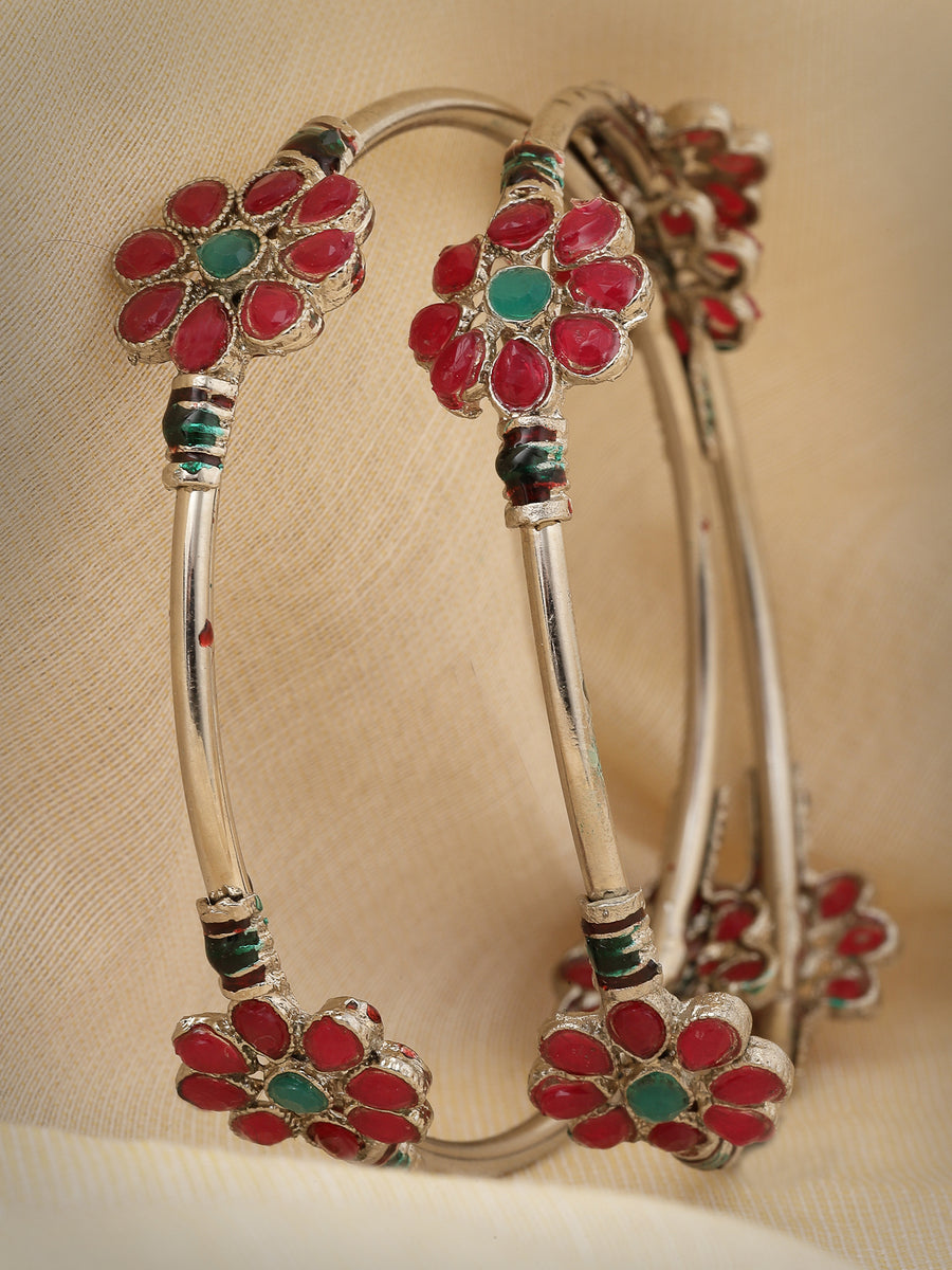 Sukkhi Decent Floral Silver Oxidised Rhodium Plated Red And Green Color Bracelet Bangle Set Jewellery for Women & Girls|Set of 2 Latest Design|Birthday Anniversary Gift for Women|Size 2.4|B105941