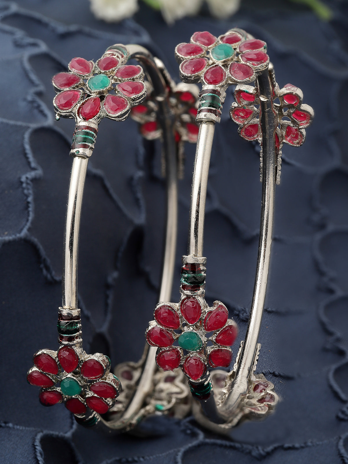 Sukkhi Decent Floral Silver Oxidised Rhodium Plated Red And Green Color Bracelet Bangle Set Jewellery for Women & Girls|Set of 2 Latest Design|Birthday Anniversary Gift for Women|B105941