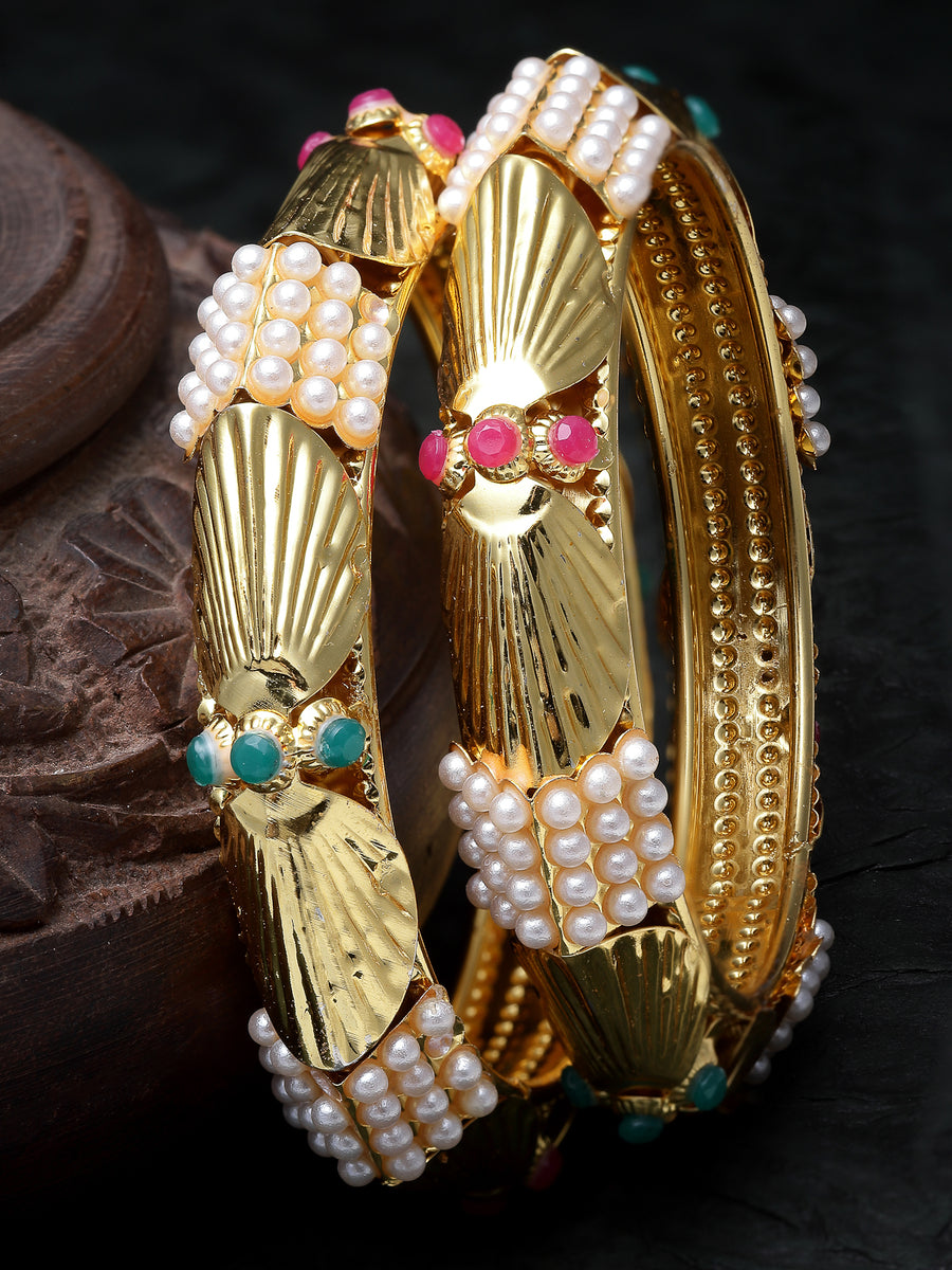 Sukkhi Eye-Catchy Gold Plated Multicolor White Pearls Studded Set of 2 Broad Bracelet Bangle Set Jewellery for Women & Girls|Latest Design|Birthday Anniversary Gift for Women|Size 2.4|B105958