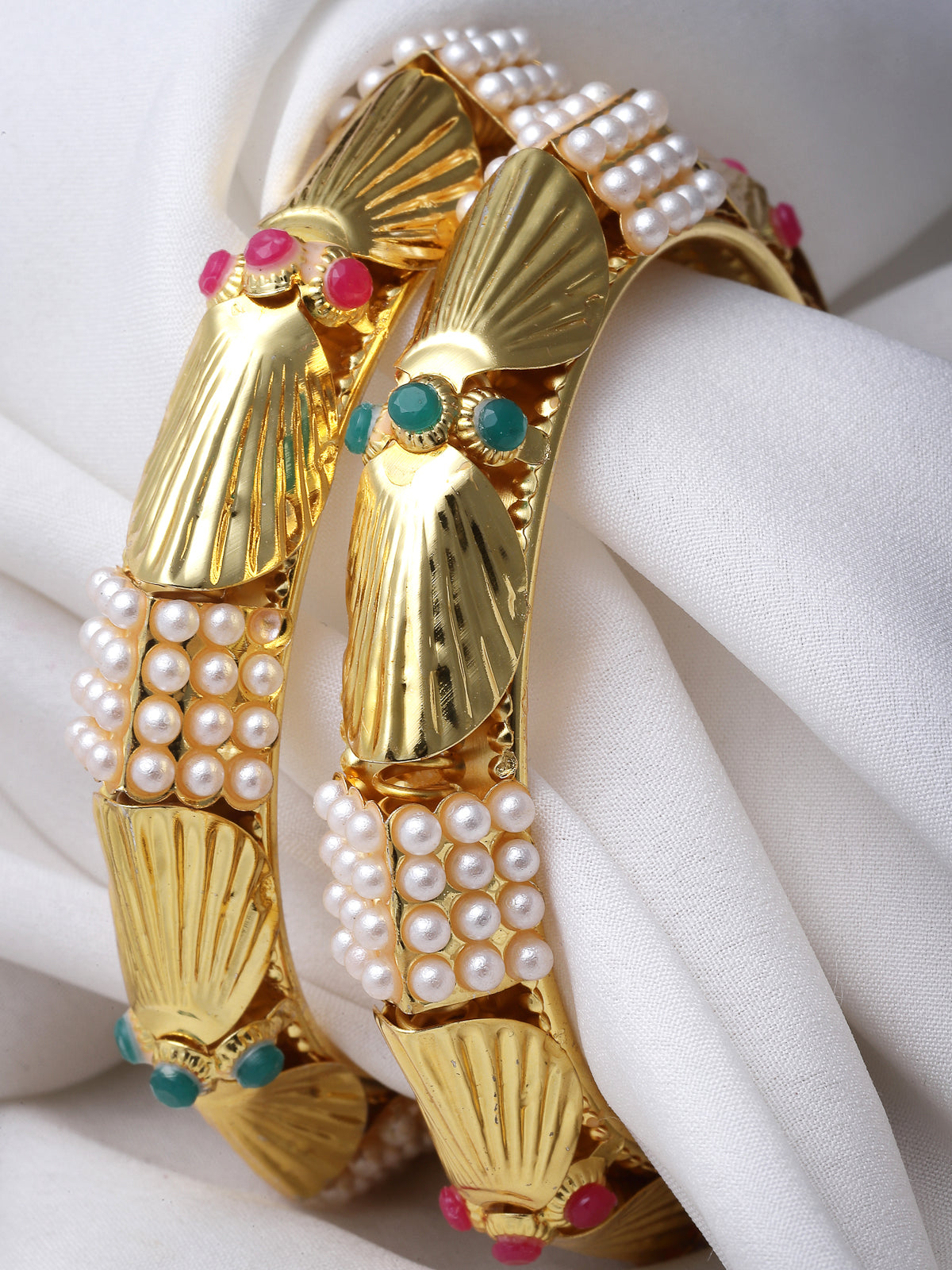 Sukkhi Eye-Catchy Gold Plated Multicolor White Pearls Studded Set of 2 Broad Bracelet Bangle Set Jewellery for Women & Girls|Latest Design|Birthday Anniversary Gift for Women|B105958