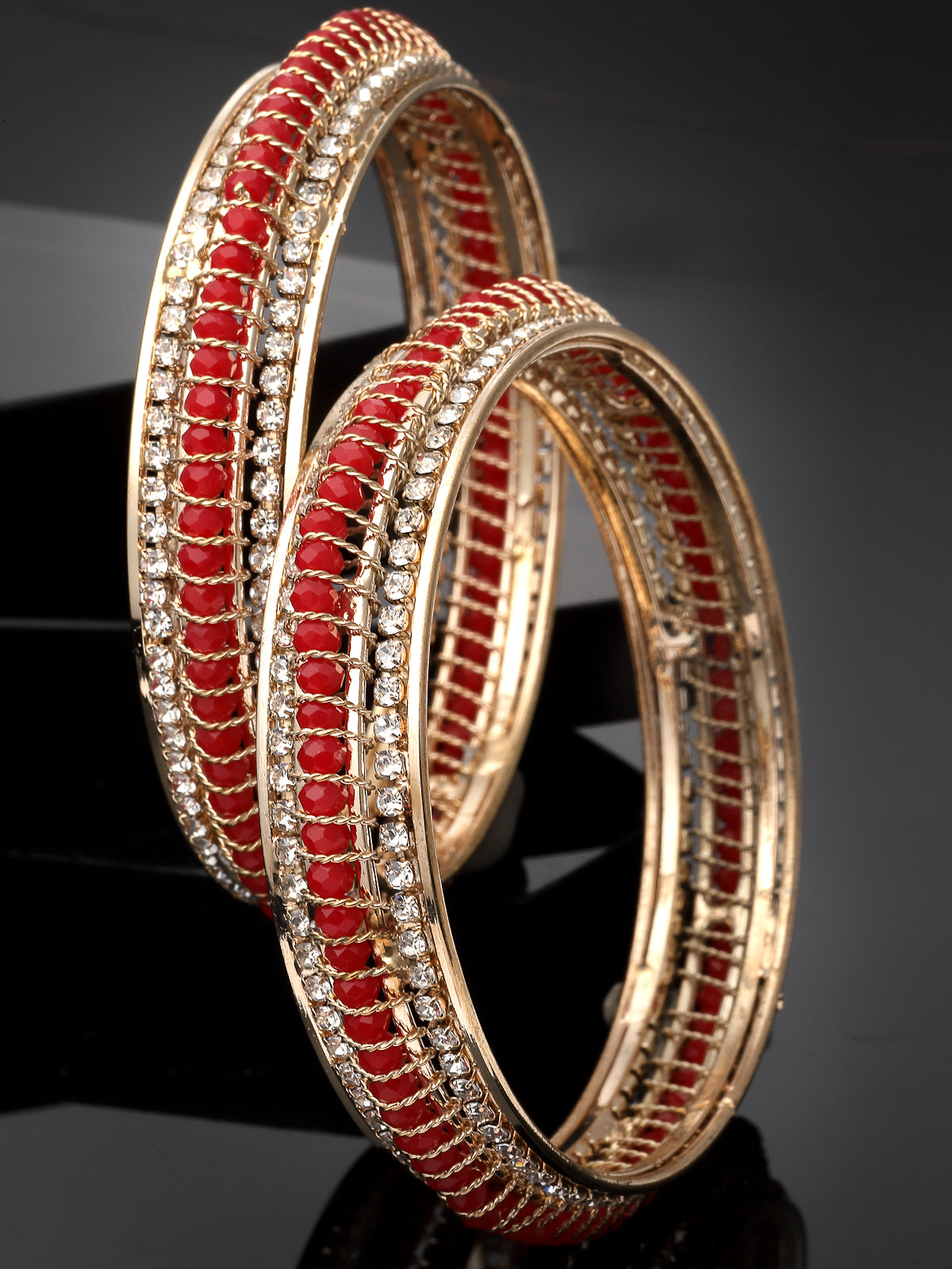 Sukkhi Stylish Gold Plated White AD Stones With Red Beads Studded Set of 2 Broad Bracelet Bangle Set Jewellery for Women & Girls|Latest Design|Birthday Anniversary Gift for Women|B105960