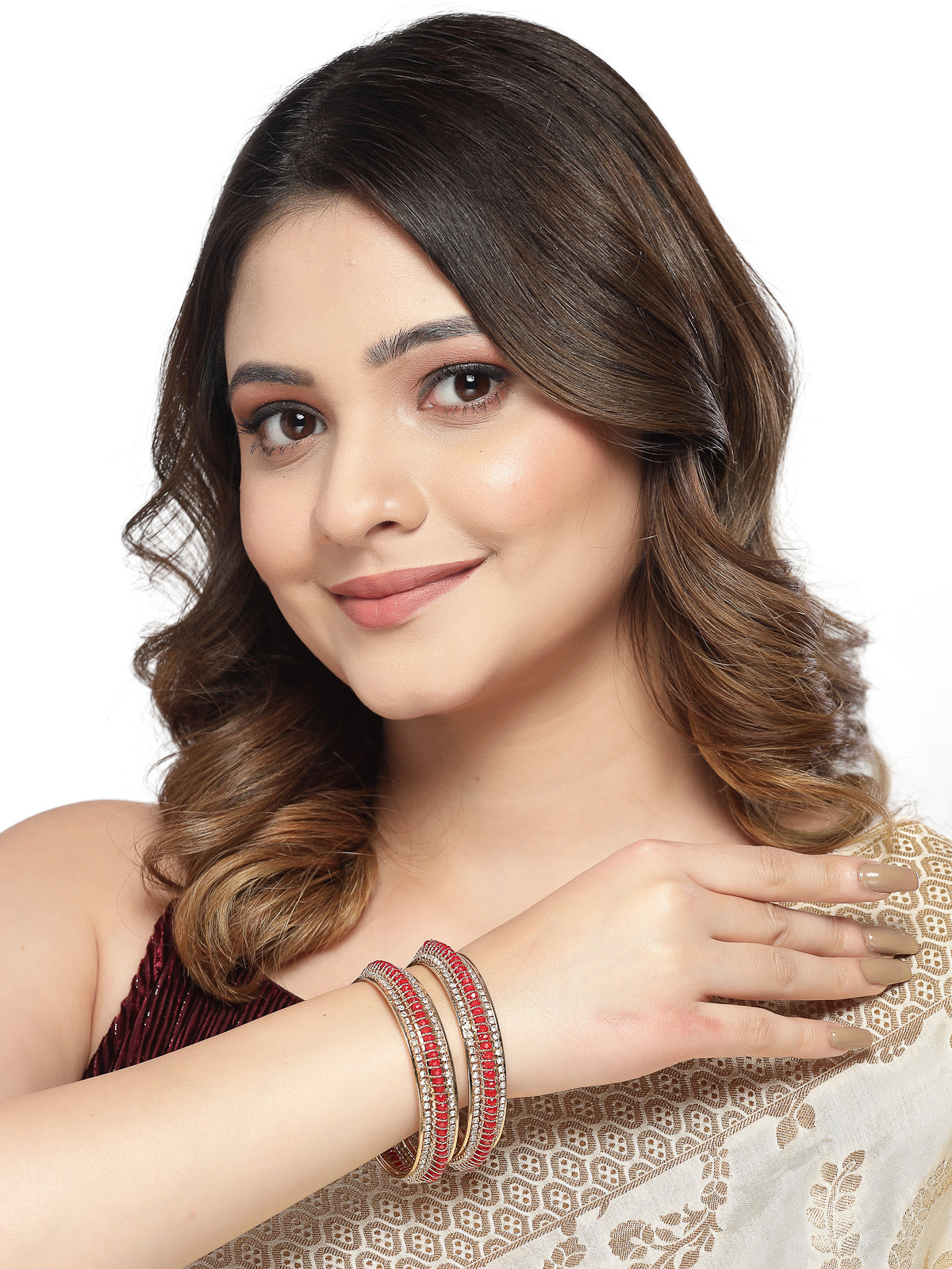 Sukkhi Stylish Gold Plated White AD Stones With Red Beads Studded Set of 2 Broad Bracelet Bangle Set Jewellery for Women & Girls|Latest Design|Birthday Anniversary Gift for Women|B105960
