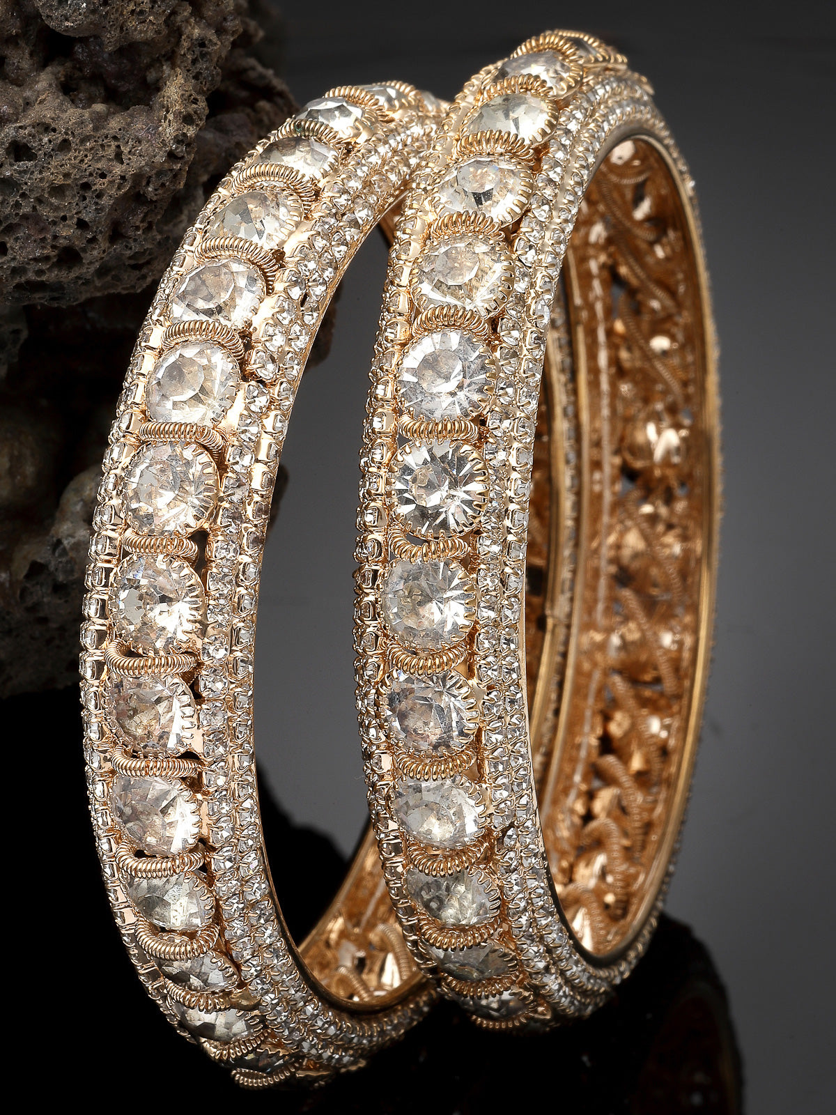 Sukkhi Charming Gold Plated White Crystals Stones Broad Bracelet Bangle Set Jewellery for Women & Girls|Set of 2 Latest Design|Birthday Anniversary Gift for Women|B105961