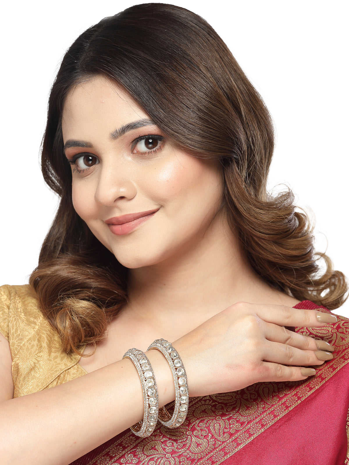 Sukkhi Charming Gold Plated White Crystals Stones Broad Bracelet Bangle Set Jewellery for Women & Girls|Set of 2 Latest Design|Birthday Anniversary Gift for Women|B105961