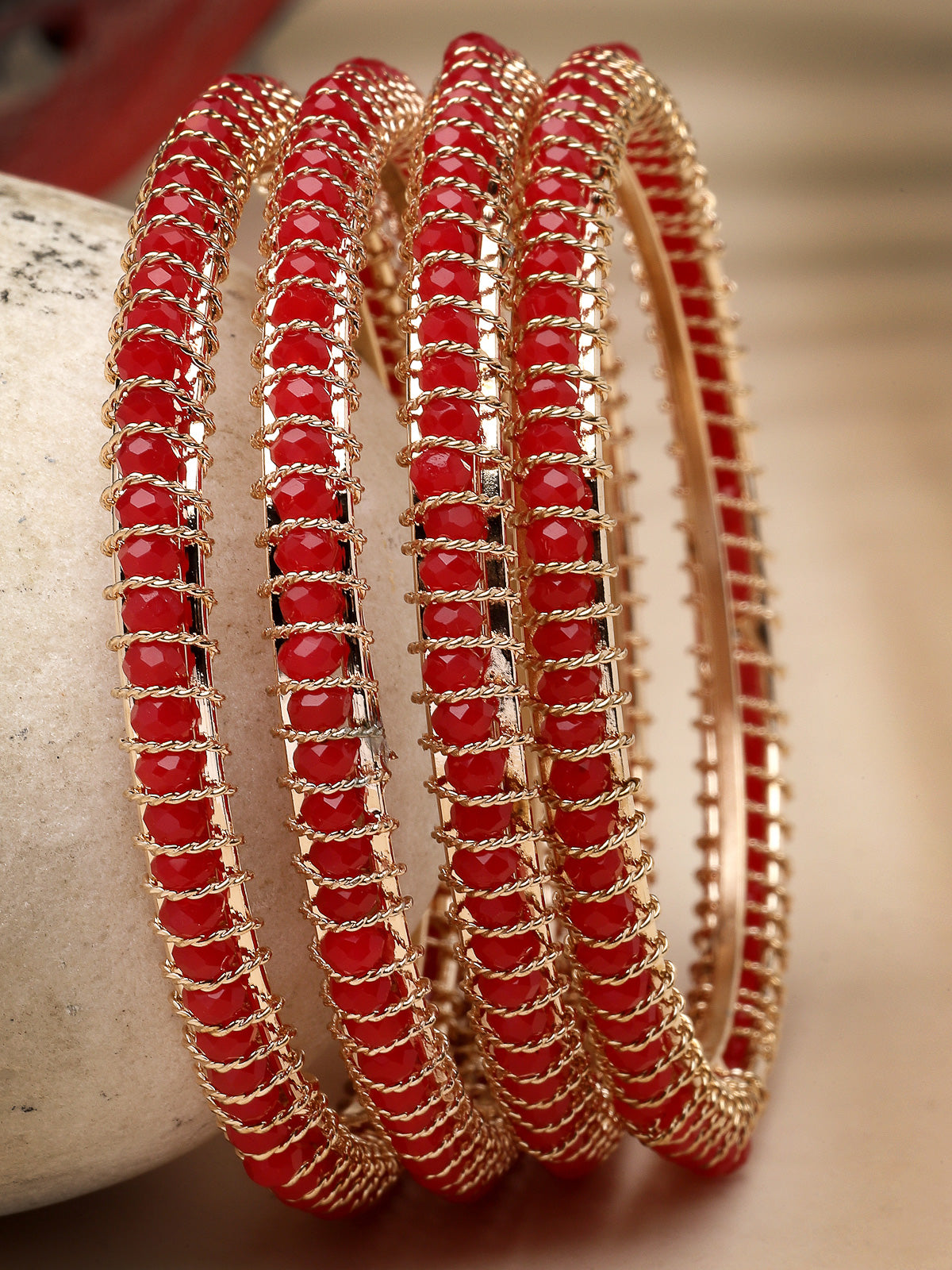 Sukkhi Delightful Gold Plated Red Faux Beaded Set of 4 Thin Bracelet Bangle Set Jewellery for Women & Girls|Latest Design|Birthday Anniversary Gift for Women|B105962