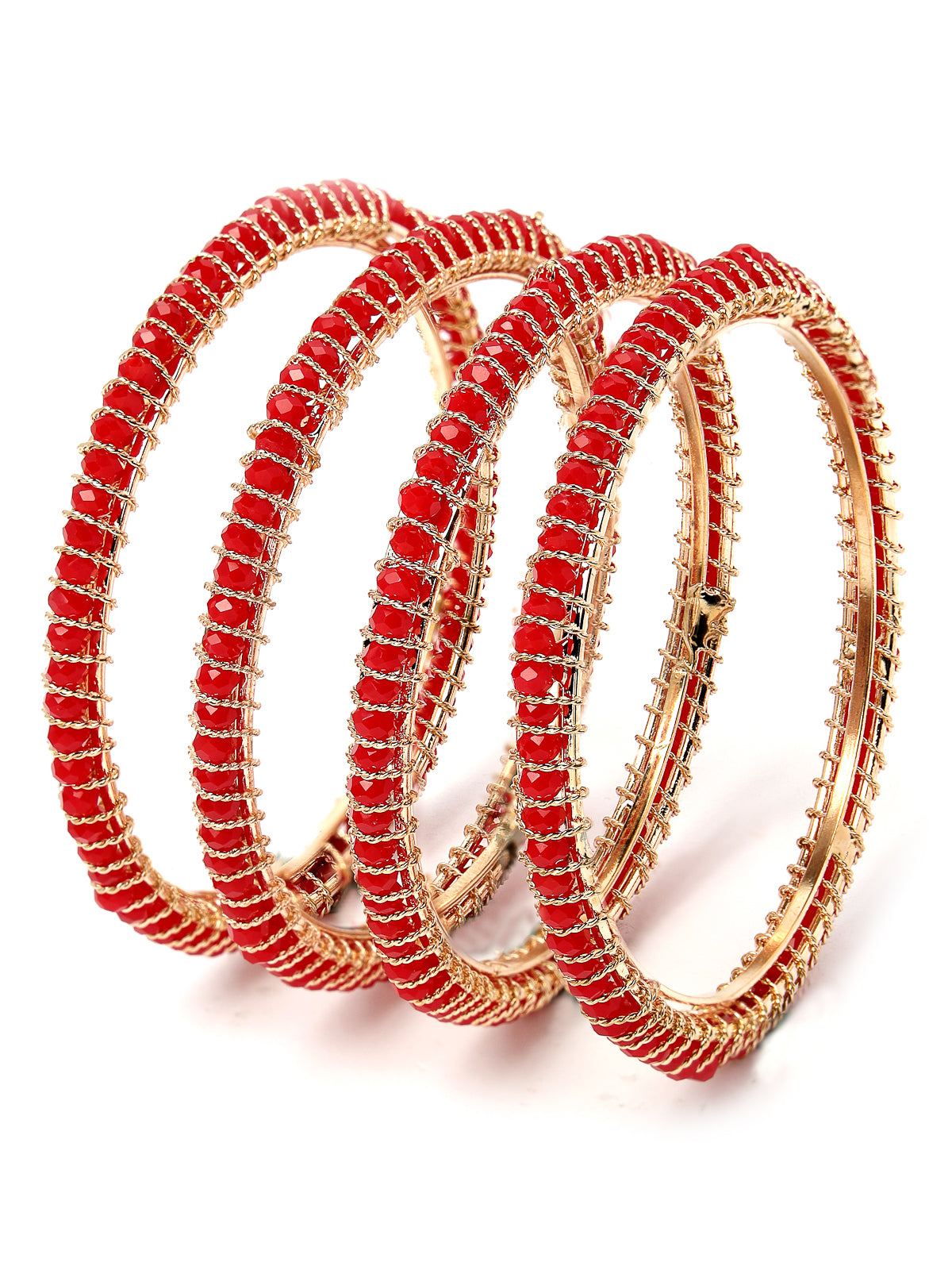 Sukkhi Delightful Gold Plated Red Faux Beaded Set of 4 Thin Bracelet Bangle Set Jewellery for Women & Girls|Latest Design|Birthday Anniversary Gift for Women|B105962