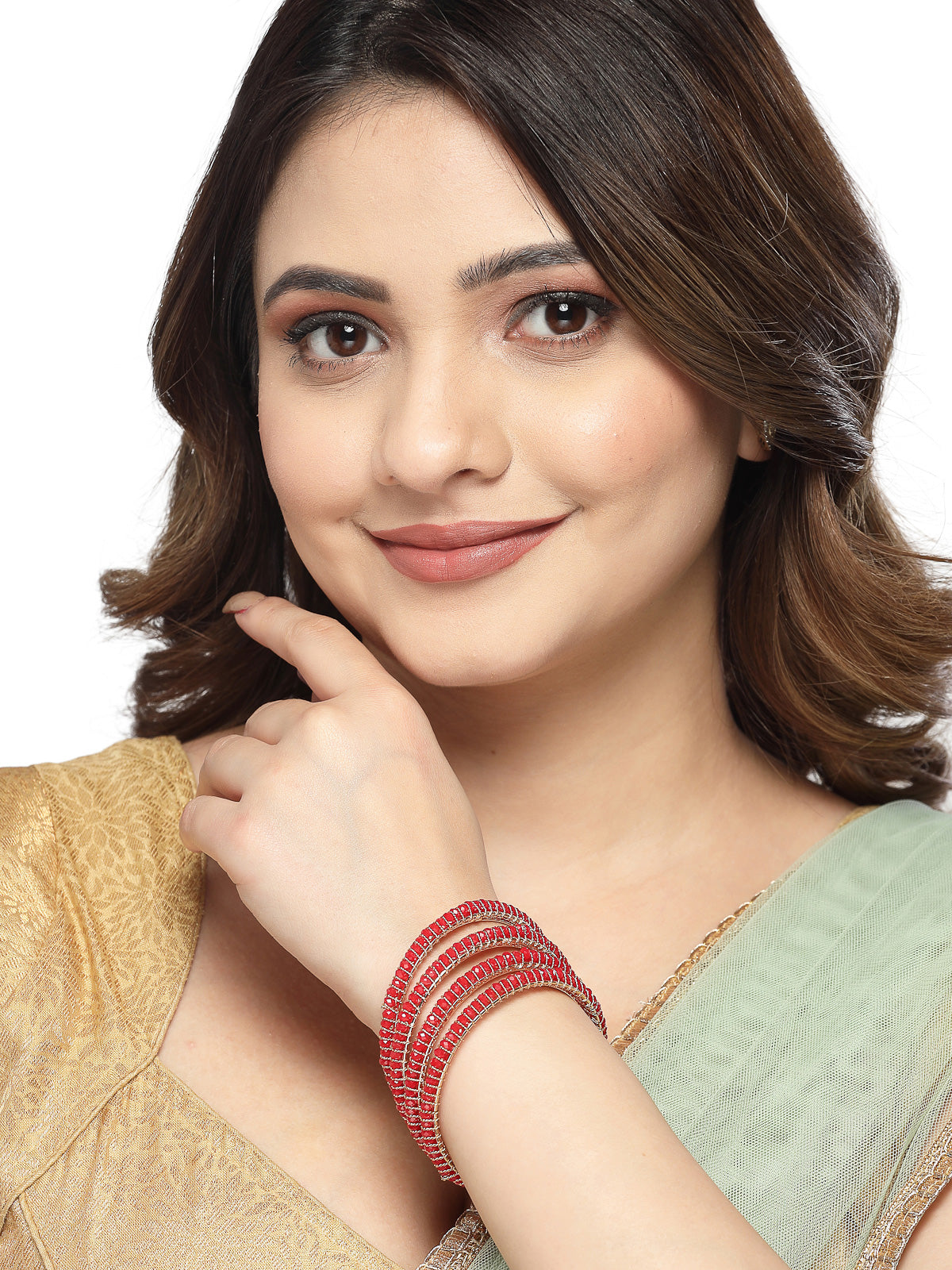 Sukkhi Delightful Gold Plated Red Faux Beaded Set of 4 Thin Bracelet Bangle Set Jewellery for Women & Girls|Latest Design|Birthday Anniversary Gift for Women|B105962