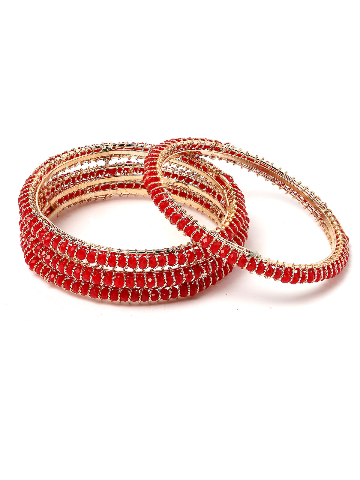 Sukkhi Delightful Gold Plated Red Faux Beaded Set of 4 Thin Bracelet Bangle Set Jewellery for Women & Girls|Latest Design|Birthday Anniversary Gift for Women|B105962