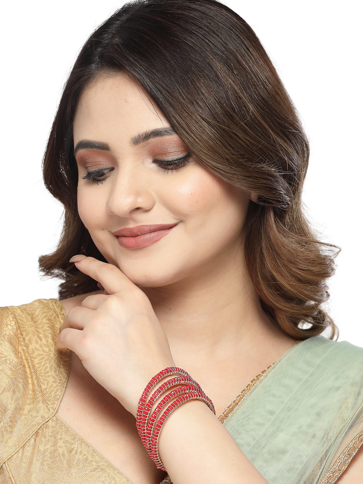 Sukkhi Delightful Gold Plated Red Faux Beaded Set of 4 Thin Bracelet Bangle Set Jewellery for Women & Girls|Latest Design|Birthday Anniversary Gift for Women|B105962