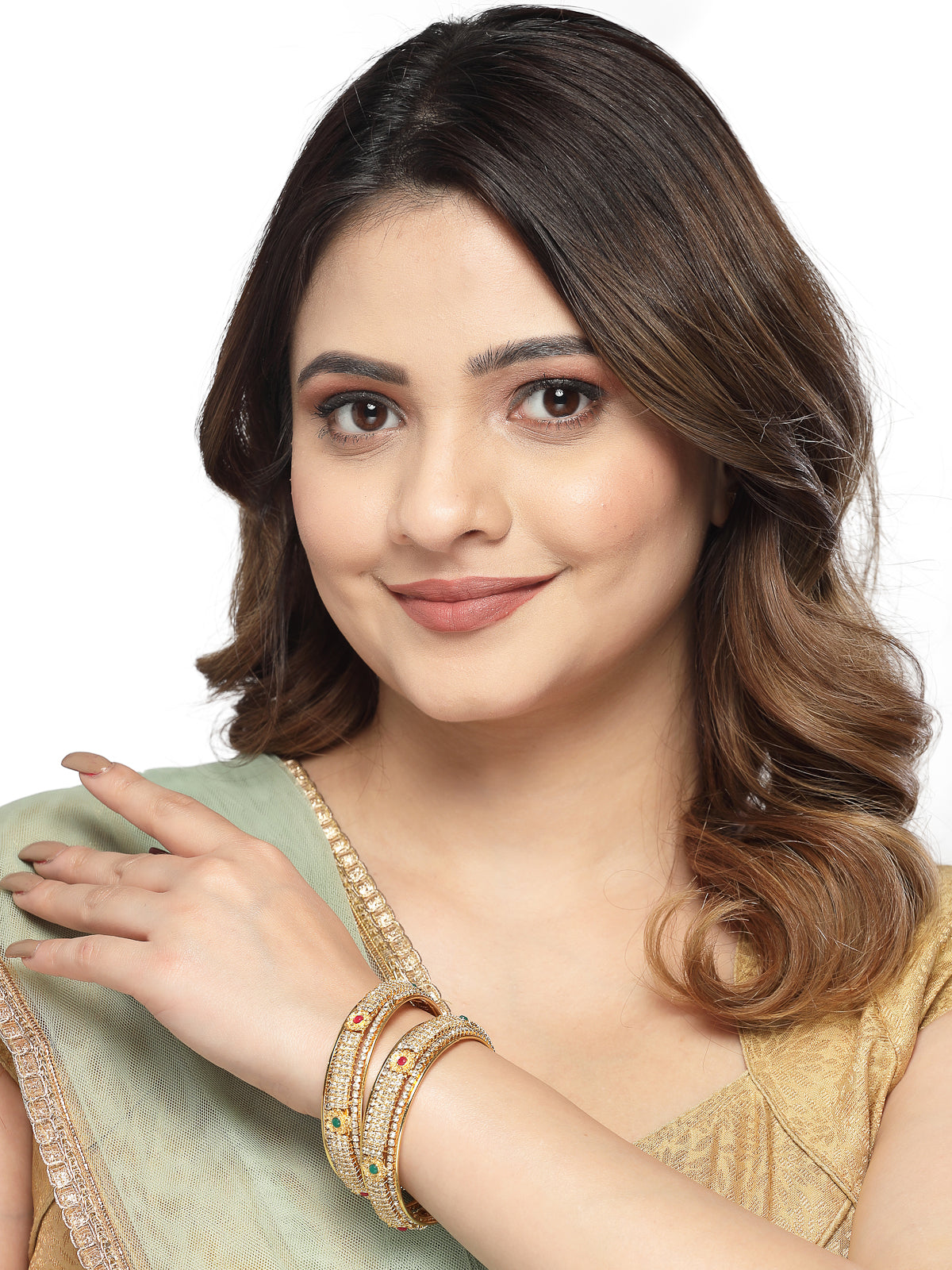 Sukkhi Sparkling Gold Plated Multicolor Crystals Stones Broad Bracelet Bangle Set Jewellery for Women & Girls|Set of 2 Latest Design|Birthday Anniversary Gift for Women|B105963