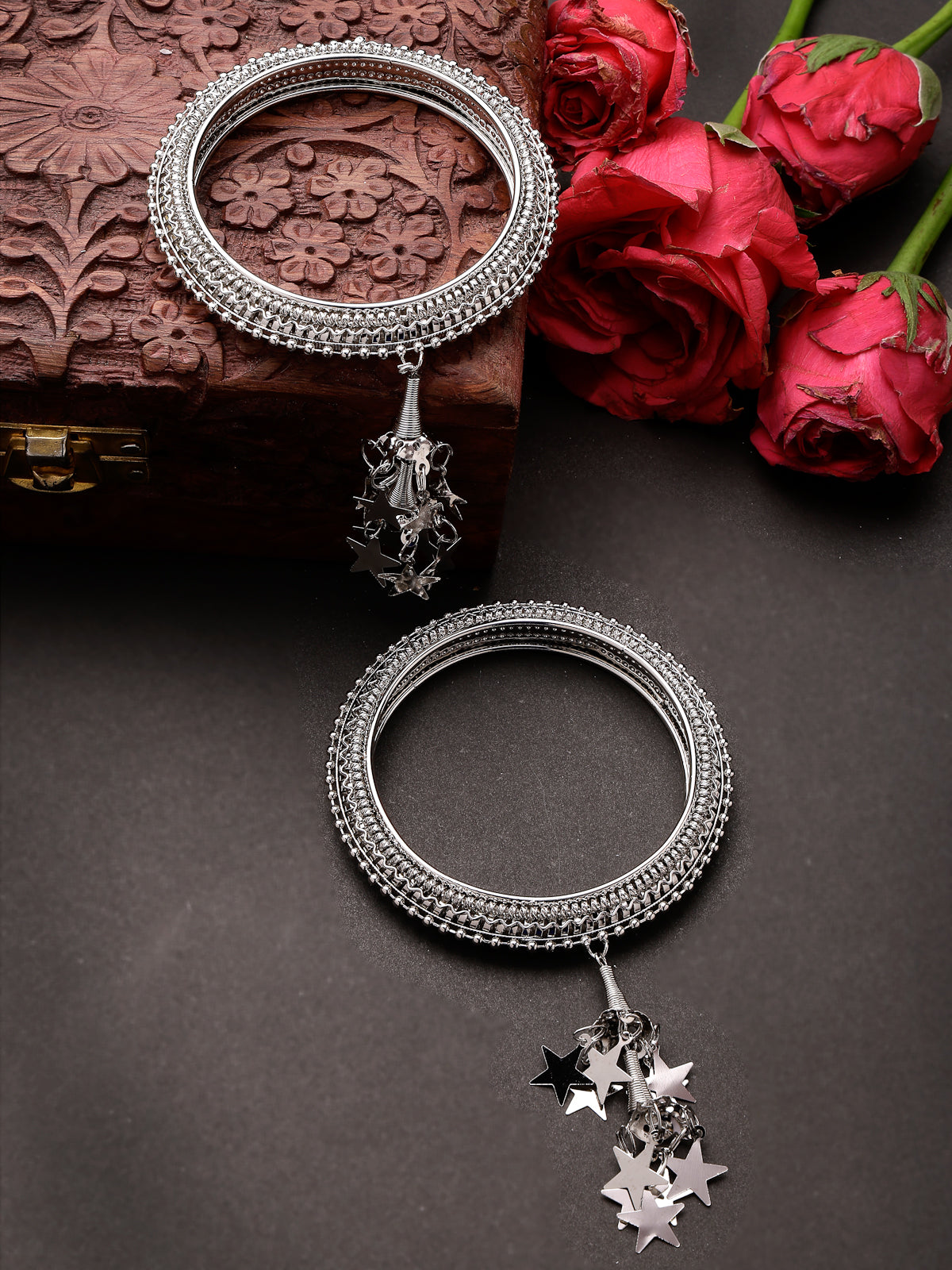 Sukkhi Impressive Classic Oxidised Rhodium Plated Star Hanging Silver Bracelet Bangle Set Jewellery for Women & Girls |Set of 2|B106012