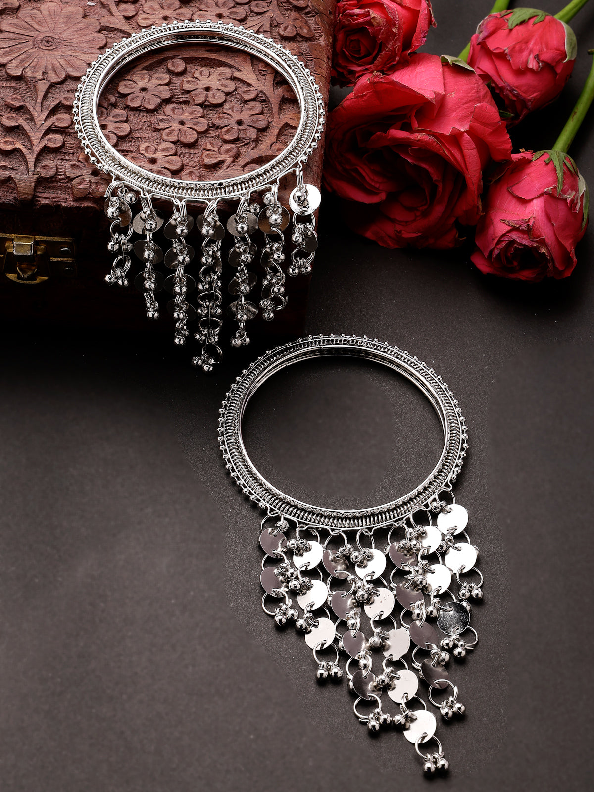 Sukkhi Beautiful Charming Oxidised Rhodium Plated with Hanging Silver Bracelet Bangle Set Jewellery for Women & Girls |Set of 2|B106015