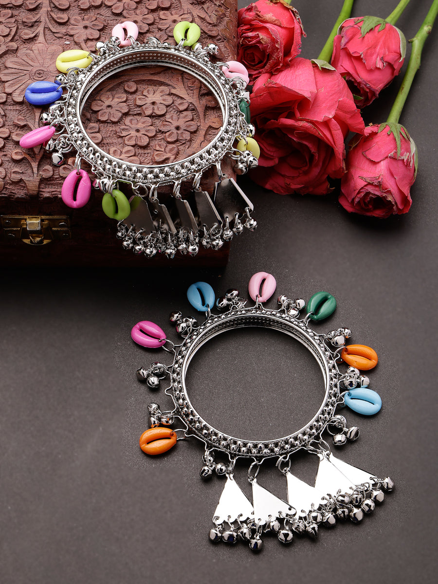 Sukkhi Attractive Ethnic Oxidised Rhodium Plated With Artificial Hanging Shells Multicolor Silver Bracelet Bangle Set Jewellery for Women & Girls |Set of 2|Size 2.4|B106018