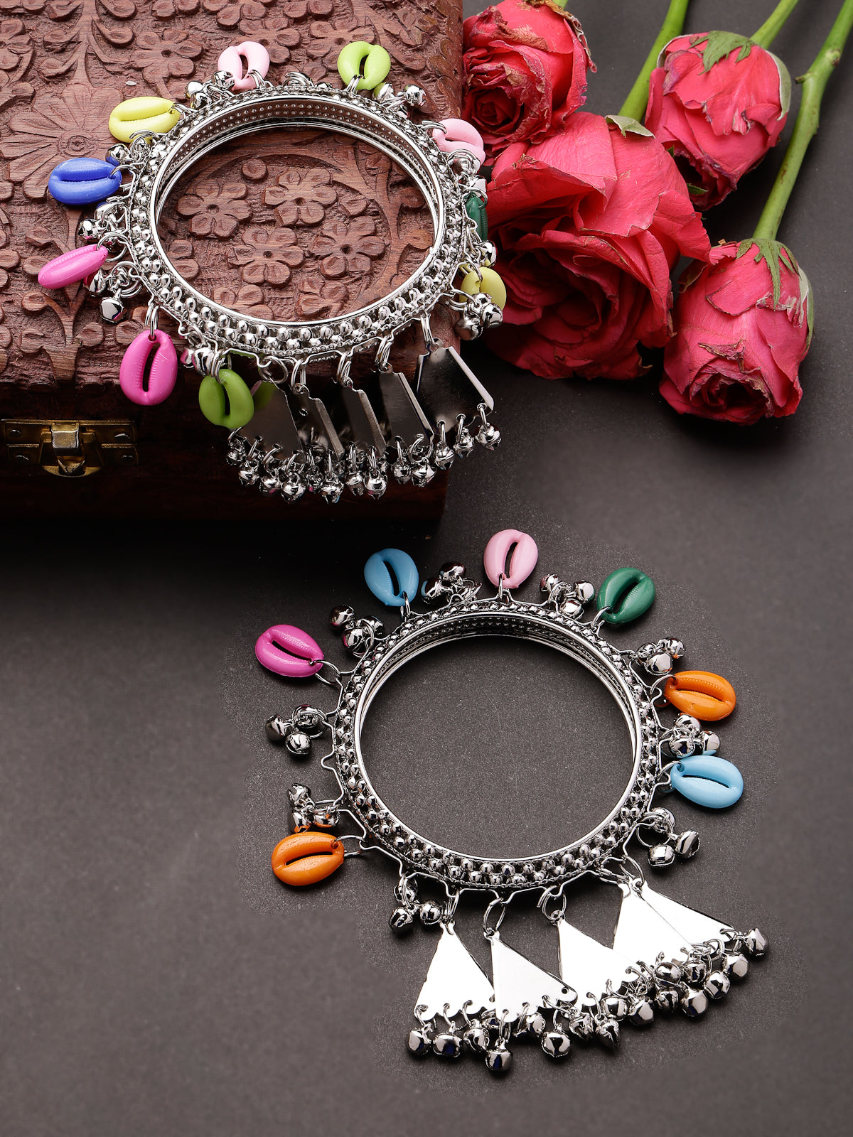 Sukkhi Attractive Ethnic Oxidised Rhodium Plated With Artificial Hanging Shells Multicolor Silver Bracelet Bangle Set Jewellery for Women & Girls |Set of 2|B106018