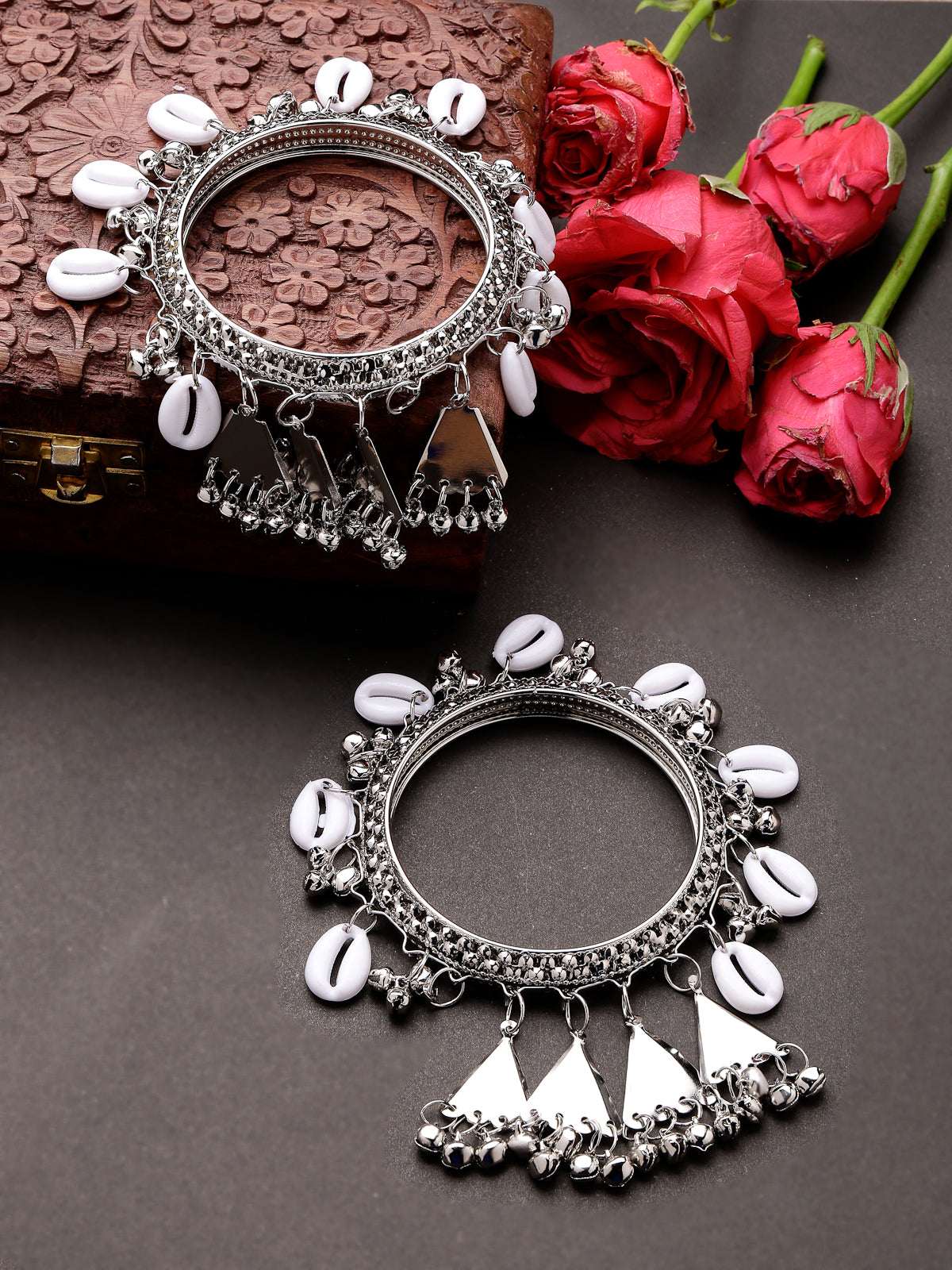 Sukkhi Attractive Ethnic Oxidised Rhodium Plated With Artificial Hanging Shells White Silver Bracelet Bangle Set Jewellery for Women & Girls |Set of 2|Size 2.4|B106021