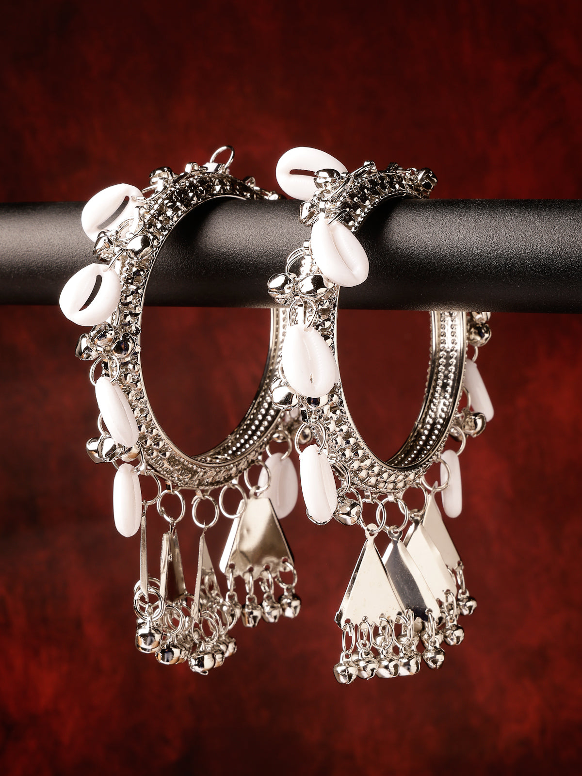Sukkhi Attractive Ethnic Oxidised Rhodium Plated With Artificial Hanging Shells White Silver Bracelet Bangle Set Jewellery for Women & Girls |Set of 2|Size 2.4|B106021